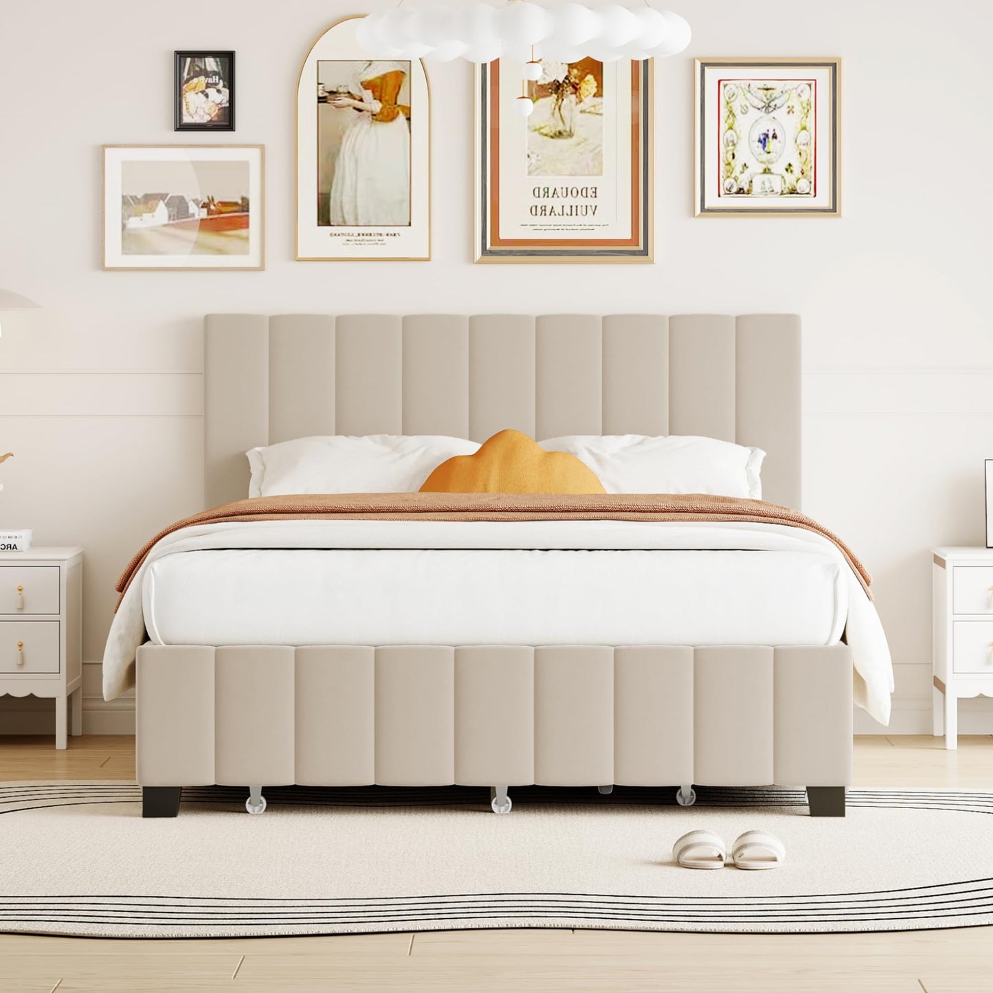 Merax Queen Size Upholstered Platform Bed with 2 Drawers and 1 Twin XL Trundle, Beige Wooden Bed Frame, No Box Spring Need