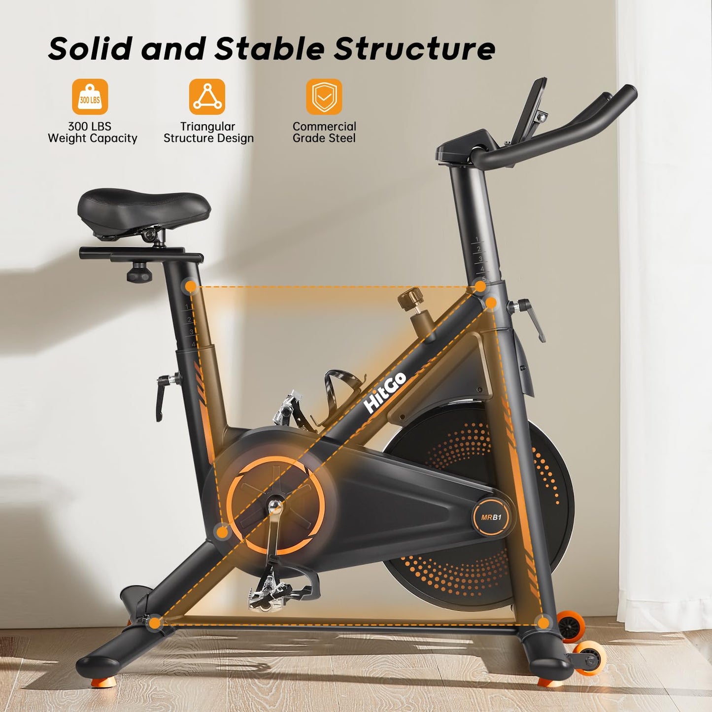 HitGo Exercise Bike, Magnetic Resistance/Brake Pad Stationary Bike with Exclusive App, 300lb Weight Capacity Indoor Bike with Soft Seat Cushion, Silent Belt Drive, Heavy Flywheel and LCD Monitor