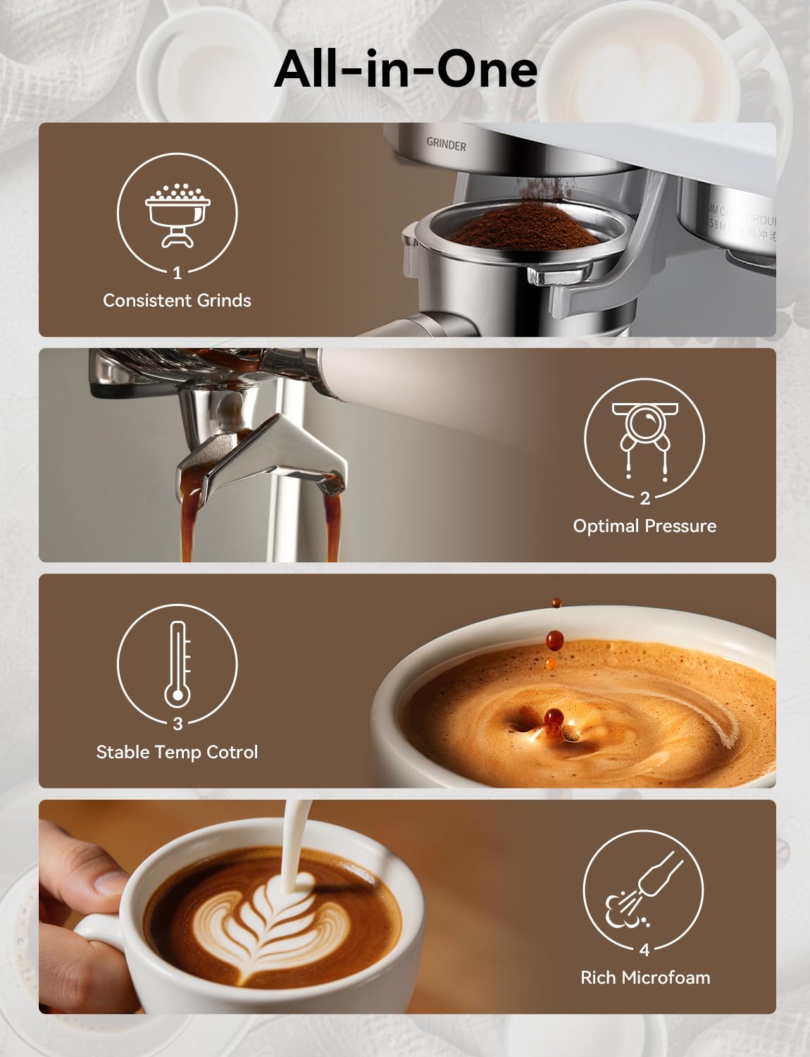 COUPLUX Espresso Machine with Grinder, 58MM Café (2026 UPGRADED) Espresso Machine with Anti-Static Grinder/Milk Steam Wand 15 Bar Espresso Coffee Machines For Home Cappuccino & Latte Stainless Steel