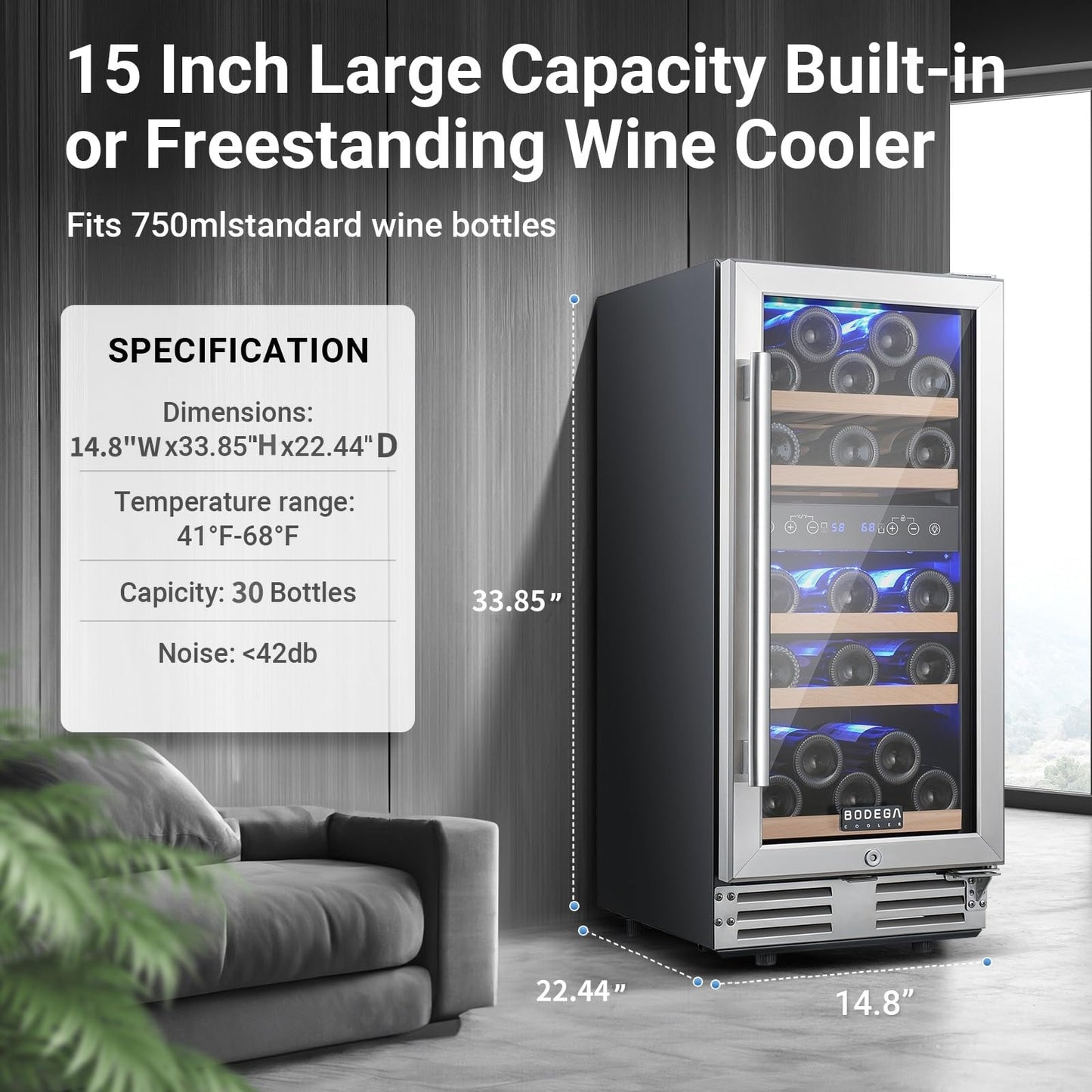 BODEGA 15 Inch Dual Zone Wine Fridge, 30 Bottle, Black 15” Wine Cooler Under Counter For Home and Kitchen, With Double-Layer Glass Door, Wine Refrigerators Free standing with Temperature Control.