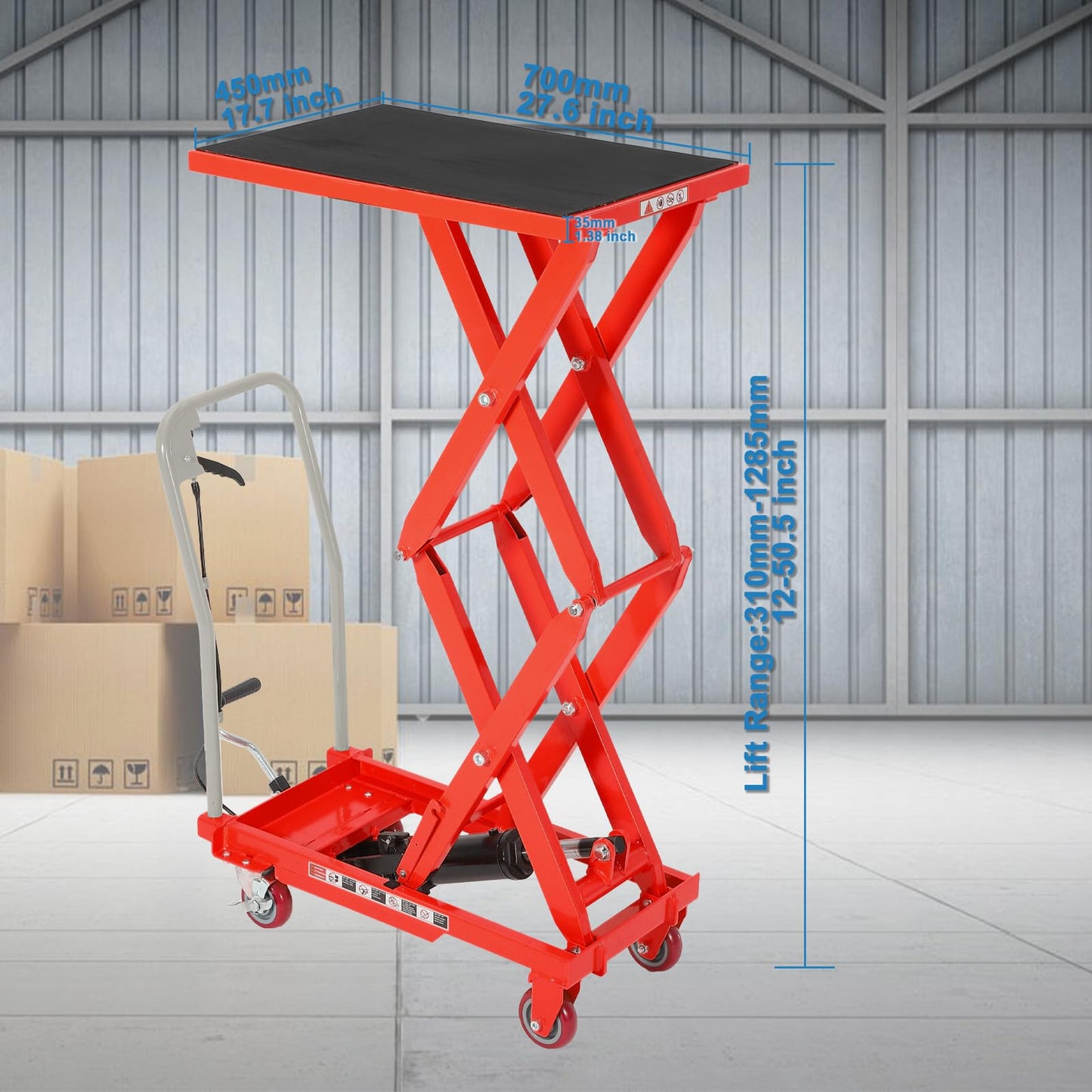 Garvee Heavy Duty Hydraulic Lift Table Cart 330LB Capacity, Double Scissor Lift Table with 50" Lifting Height, Non-Slip Platform & Locking Wheels for Garage, Warehouse, Workshop, Red