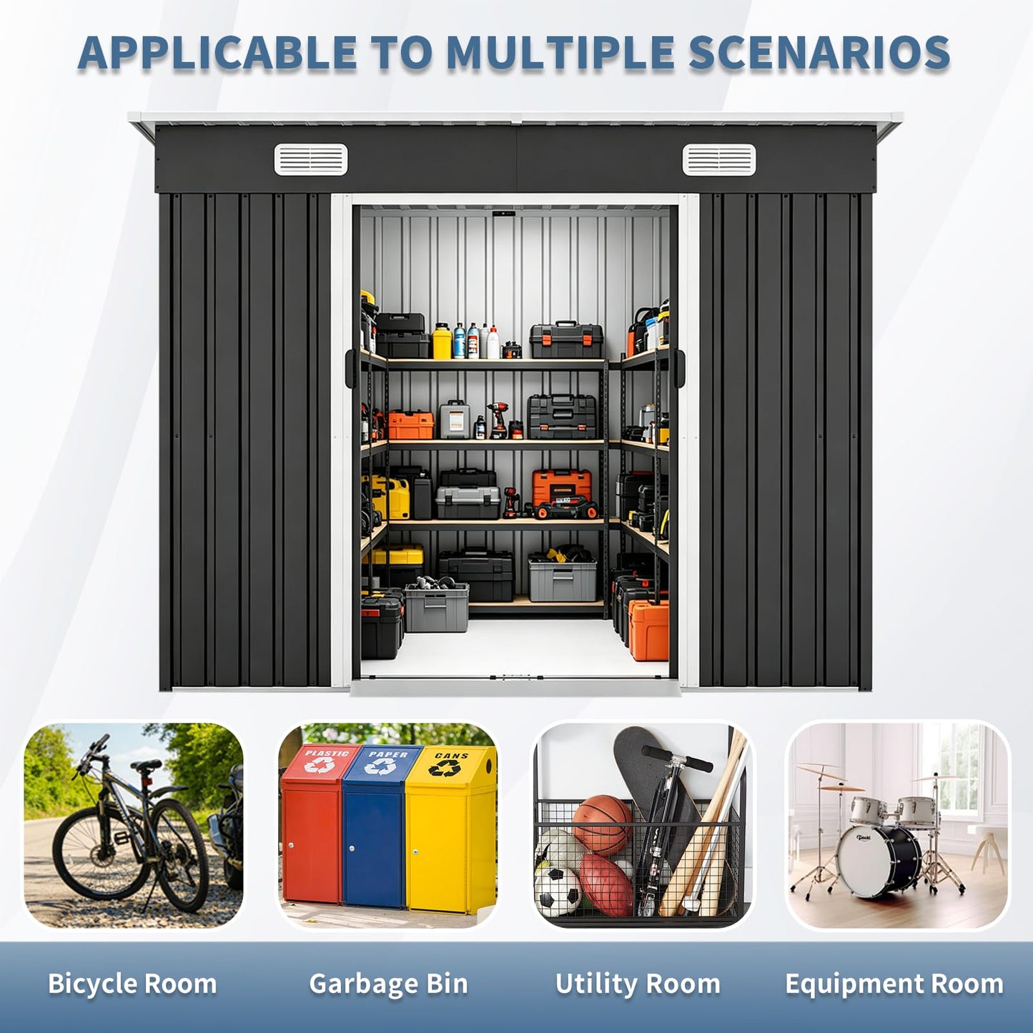 8x4 FT Galvanized Steel Outdoor Storage Shed with Sliding Lockable Double Doors, Sloped Roof, Ventilation Vents, Anchor Kit, Floorless Metal Garden Storage Building for Tools, Bicycles,Lawn Equipment