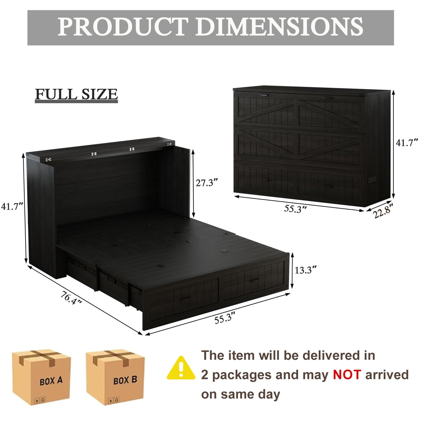 Bvldfamly Full Murphy Bed with Charging Station, Farmhouse Noisy-Free Foldable Cabinet Bed Frame with Storage Drawer, Space Saving Hideaway Wall Bed for Guest Bedroom, Living Room, Office, Black