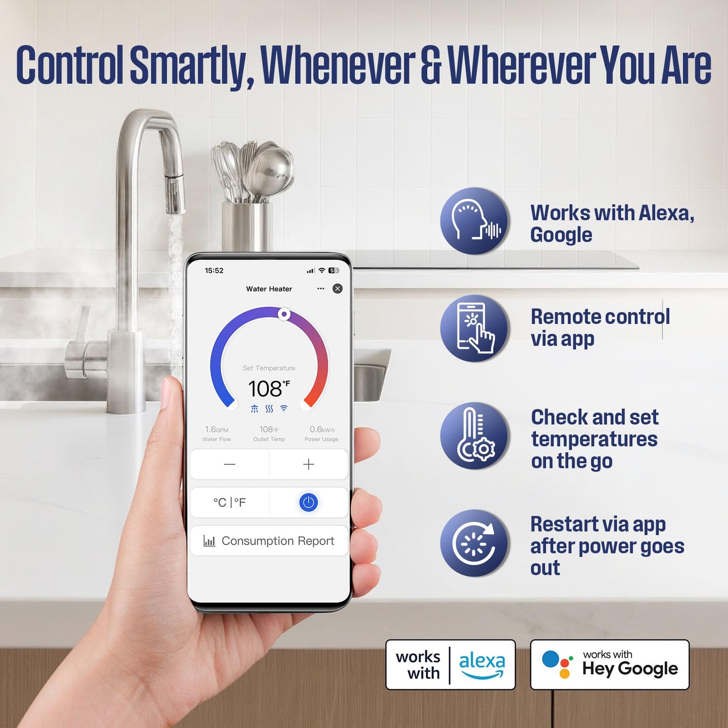 Westinghouse Apolo Mini 8kW Tankless Water Heater Electric, 240V Instant Hot Water Heater, Under Sink Water Heater Electric, Smart WiFi Control, Compatible with Alexa & Google Home, Deep Blue