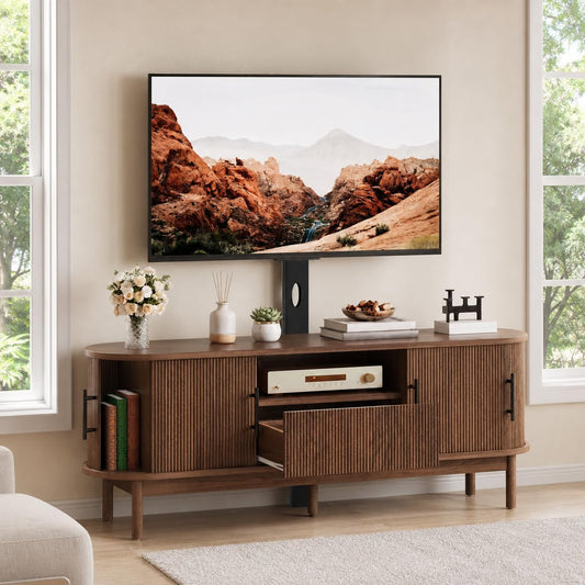 YITAHOME 60 Inch Fluted TV Stand with Adjustable TV Mount for 32-70 Inch TVs, Modern Curved Entertainment Center with Fluted Sliding Doors & Drawer, Media Console for Living Room, Walnut