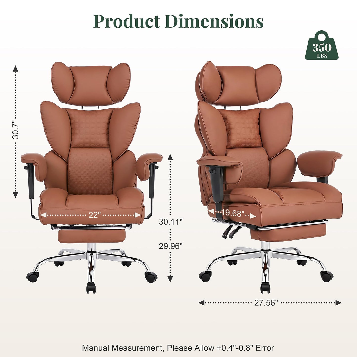 HAPPYMONT Big and Tall Ergonomic Office Chair,350 lbs,High Back Reclining PU Leather Gaming Chair with Footrest, Adjustable Armrests, Lumbar Support, Executive Desk Chair for Home Office, Brown