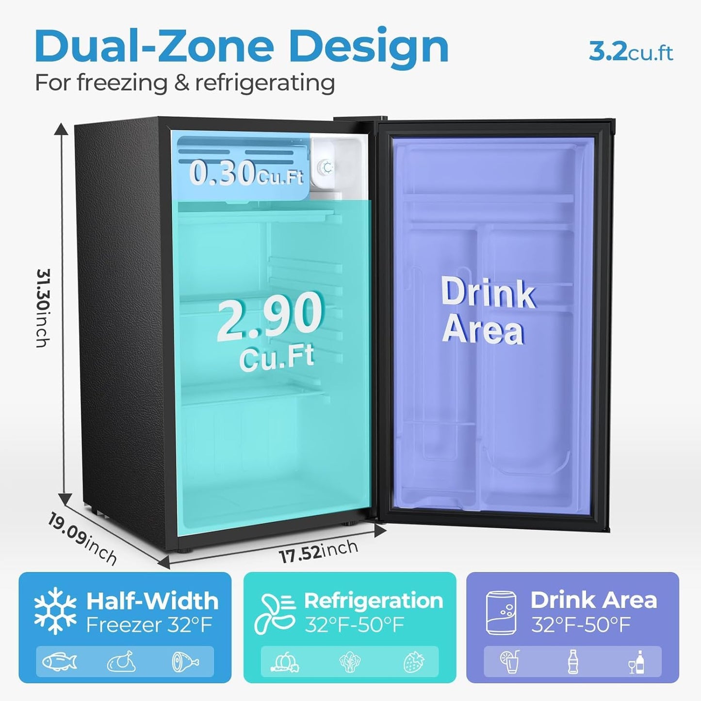 COWSAR 3.2 Cu.Ft Mini Fridge with Freezer, Reversible Door Compact Refrigerator with 7-Speed Thermostat, Small Fridge for Office Dorm, Upright Freezer Style (STEEL)