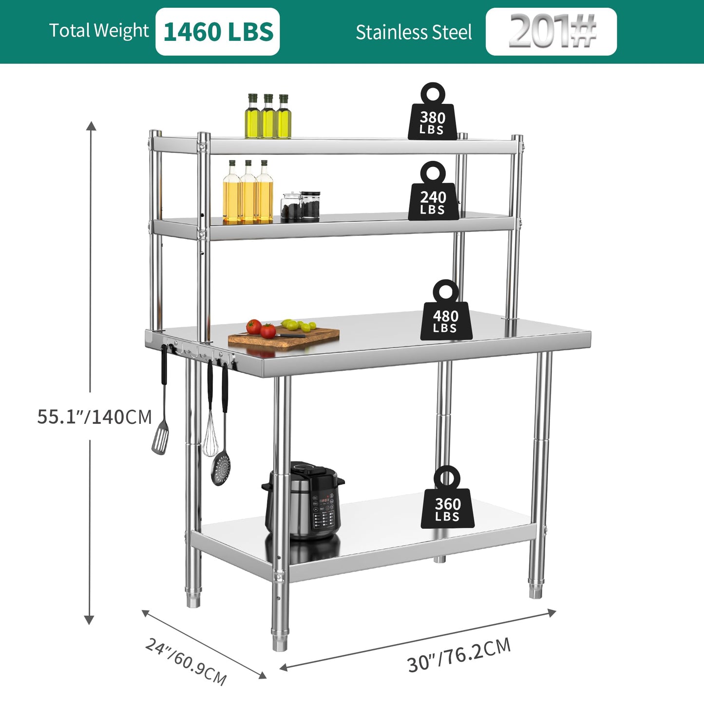 YITAHOME NSF Stainless Steel Work Table With Overshelves, 30" X 24" With 30" X 12" Shelf, Metal Prep Table for Home Kitchen Restaurant Garage Warehouse