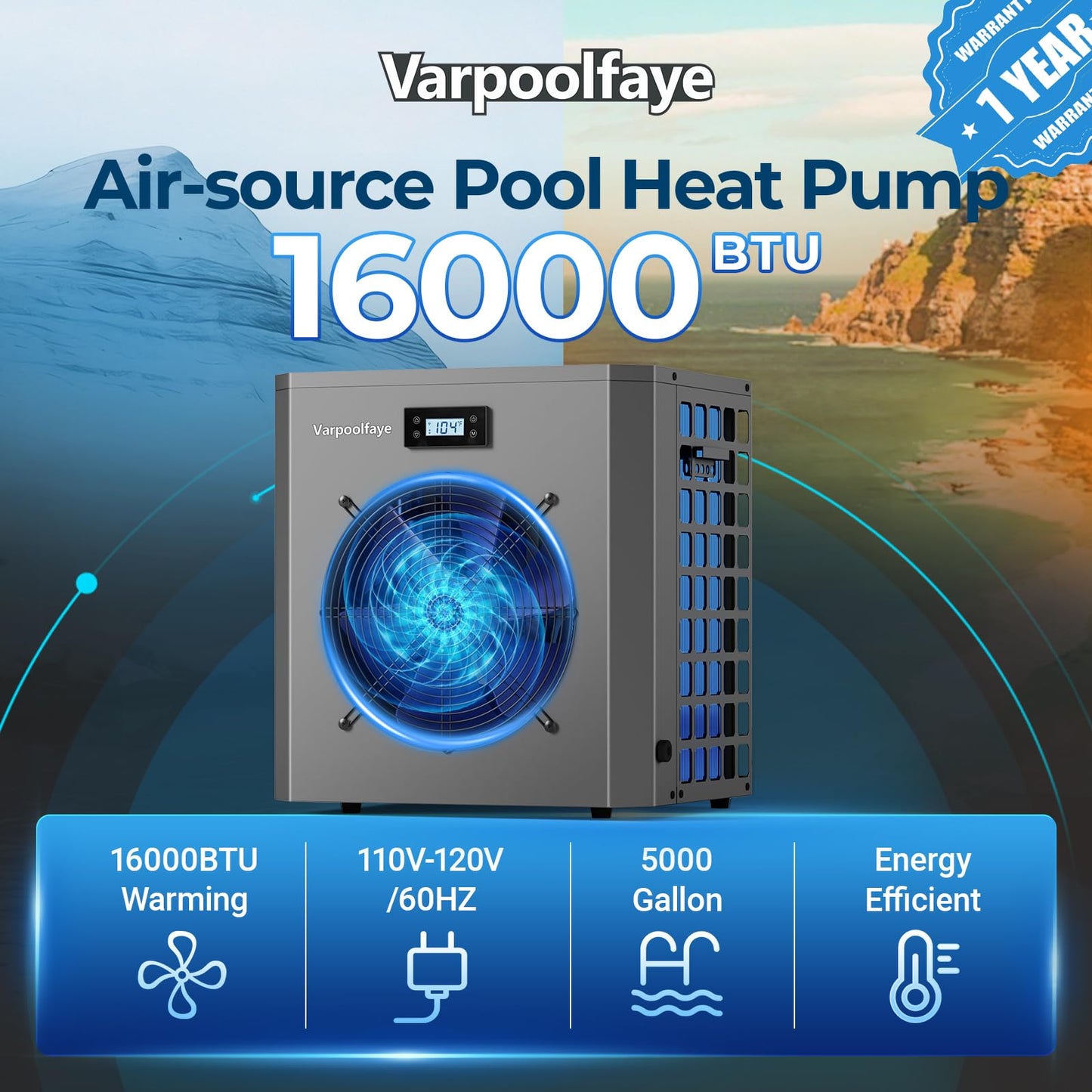 Varpoolfaye 16000 BTU Swimming Pool Heat Pump 5000 Gallon Electric Pool Heater for Above Ground Pool 5KW Heating or Cooling WiFi Control Timer Pool Heater 110V 60Hz