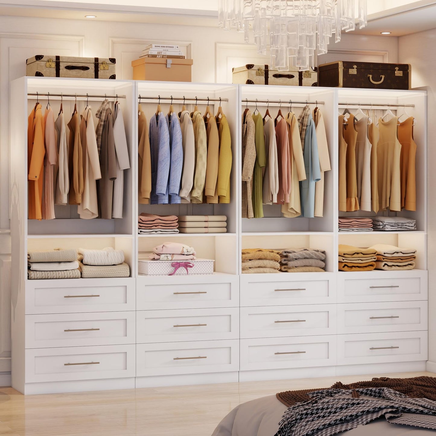 secilix Modular Closet System with 12 Drawers, 8FT Engineered Wood Closet Organizer System for Walk-in Closet, Storage Unit with 8 Extendable Hanging Rods, White (Set of 4)