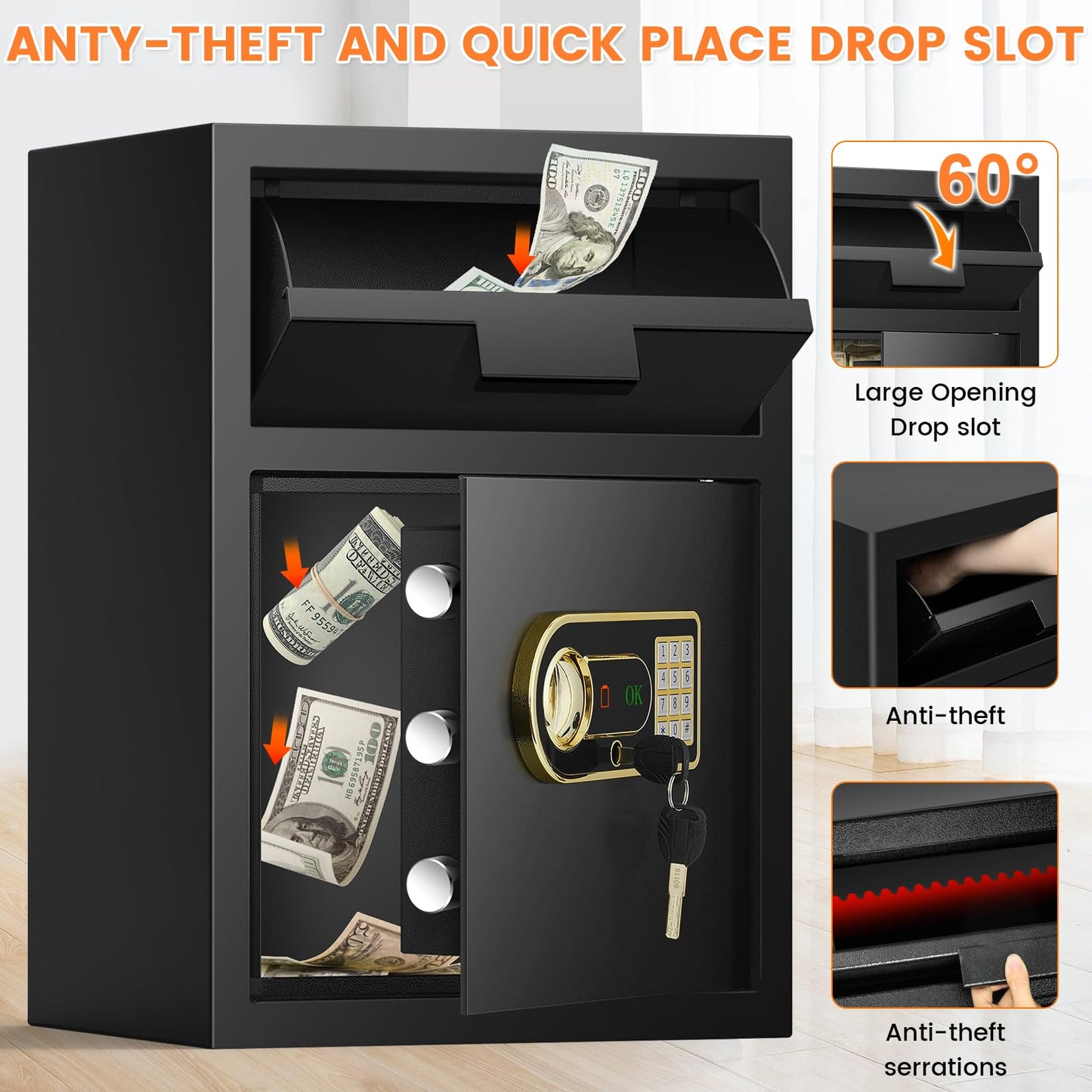2.8 Cubic Drop Safe for Business, Anti-Theft Drop Slot Safes for Money with Digital Combination Lock & Spare Keys, Cash Depository Safe with Drop Box for Home Retail Store Business