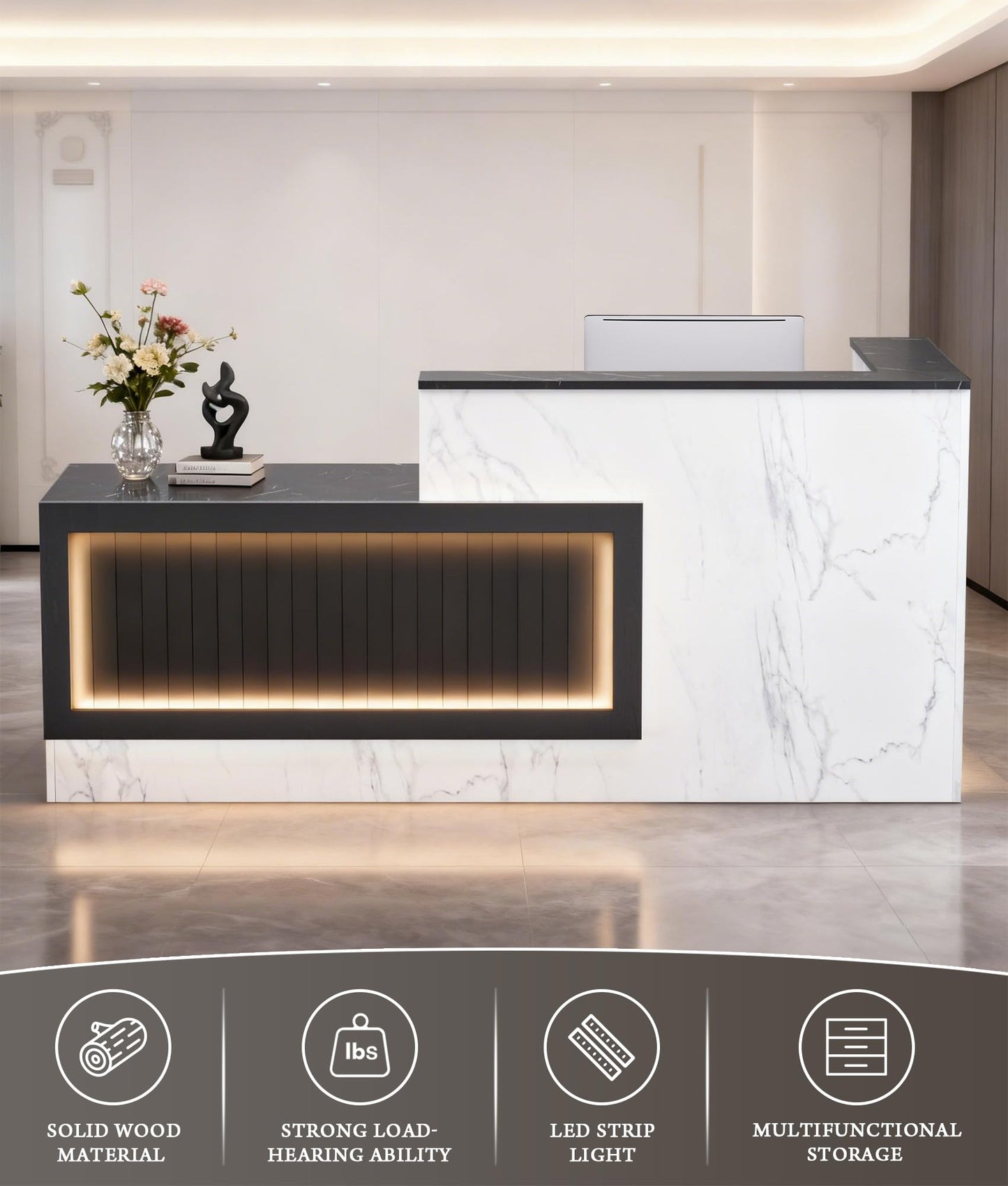 Easilywinlife Ultral 70.87IN Modern Wooden Commercial L Shaped Reception Desk with Counter, Lockable Drawers, Door Cabinet, Front Desk for Checkout, Salon, Black and White with Light, Left Cabinet