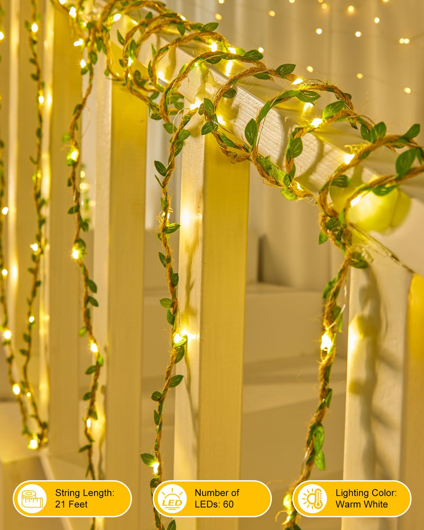Minetom Fairy Lights - 21ft 60 LED Twinkle String Lights with Remote, Leaf Twine Decor for Bedroom and Dorm Room
