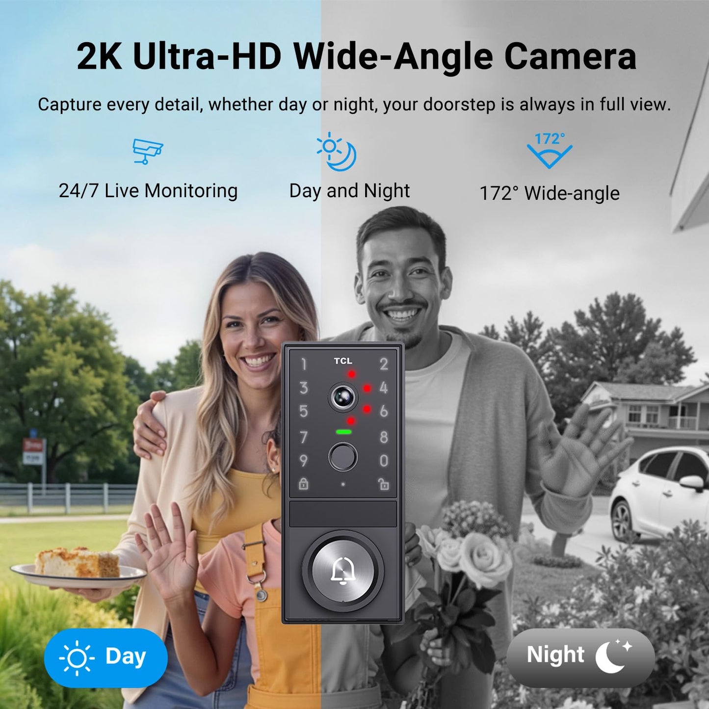 TCL Video Smart Door Lock D1 Max, 3-in-1 2K Camera+Doorbell+Fingerprint Door Lock, Built-in Wi-Fi Deadbolt for Front Door, Keyless Entry, Auto Lock, App Remote Control, Easy Installation (Black)
