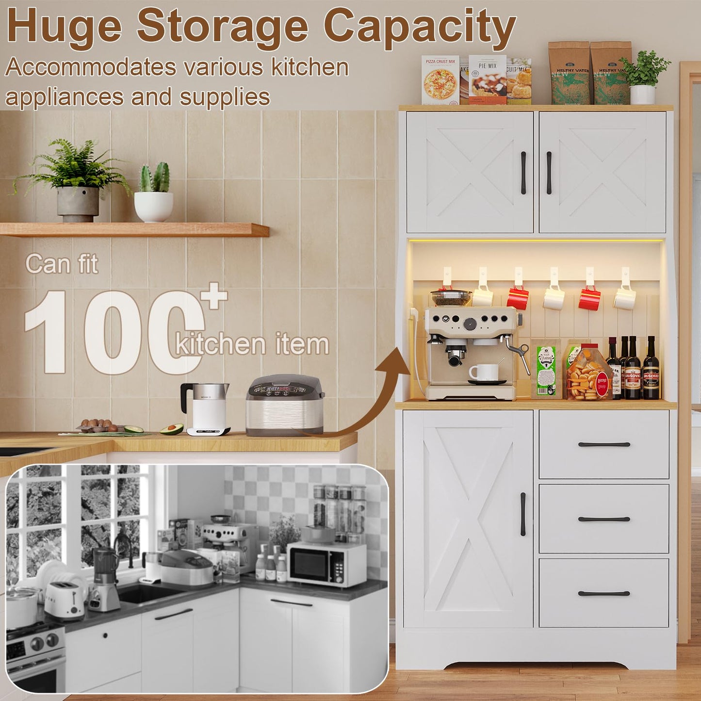 DreamDashio Pantry Cabinet with Adjustable Shelves and 3 Drawers, Tall Kitchen Pantry Storage Cabinet with LED Light & Charging Station, Kitchen Hutch with Microwave Shelf & 6 Hooks for Dining Room