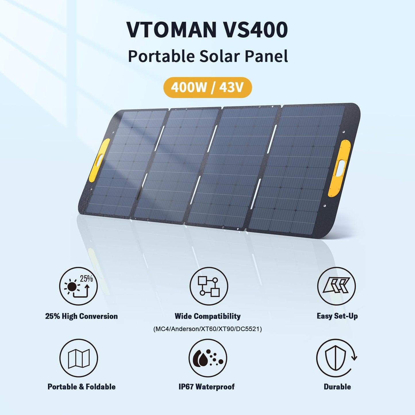 VTOMAN VS400 Portable Solar Panel 400W 43V, 25% Efficiency Foldable Solar Panel w/ IP67 Waterproof & MC-4 Anderson XT60 XT90 DC5521 Adapters & Adjustable Kickstands, Off-Grid Power for Home & Camping