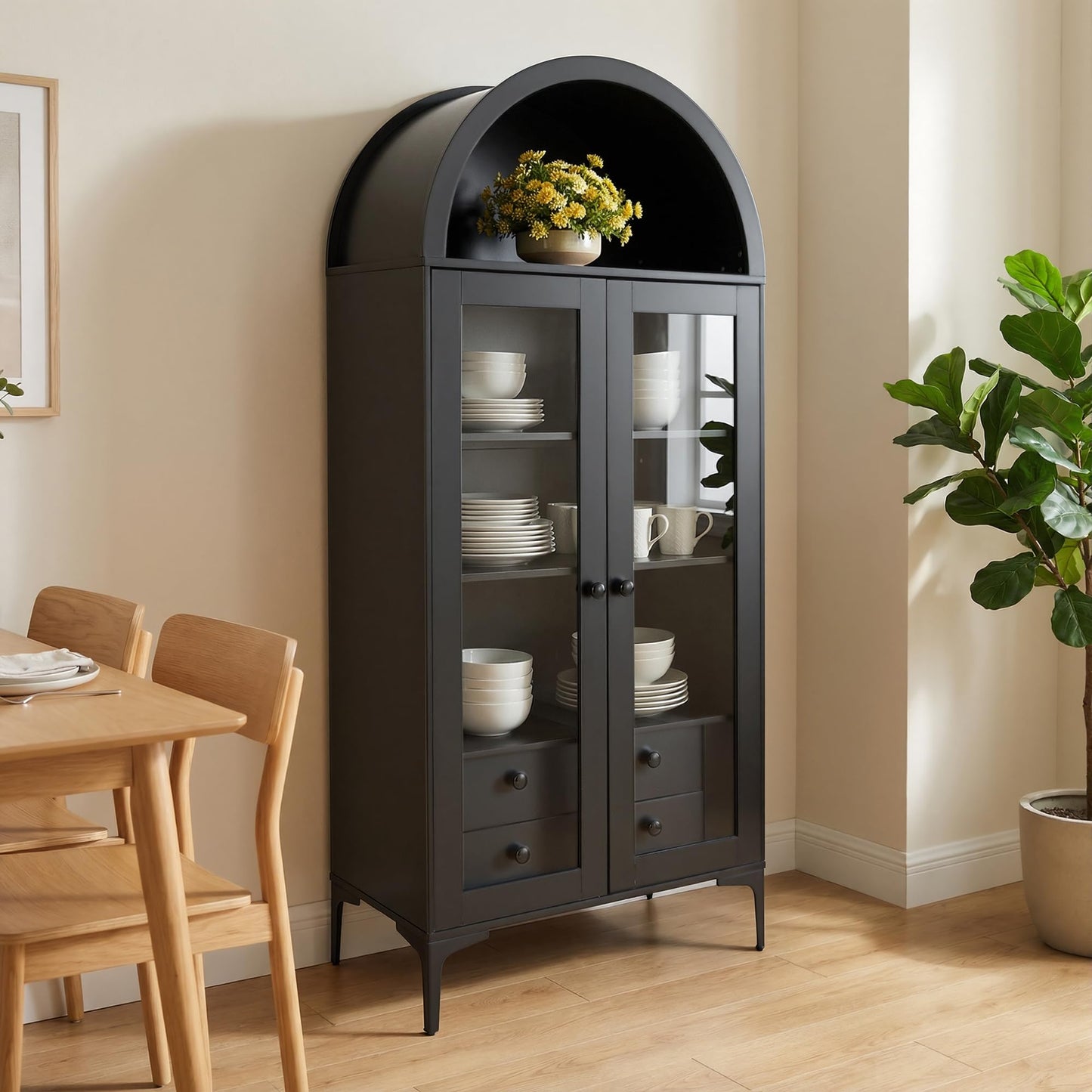 VEVOR Arched Kitchen Pantry Cabinet with Glass Doors, 70in Tall Curio Cabinet, 4-Tier Display Case with 2 Adjustable Shelves, Bookcase Bookshelf for Collectibles Storage Living Room Office