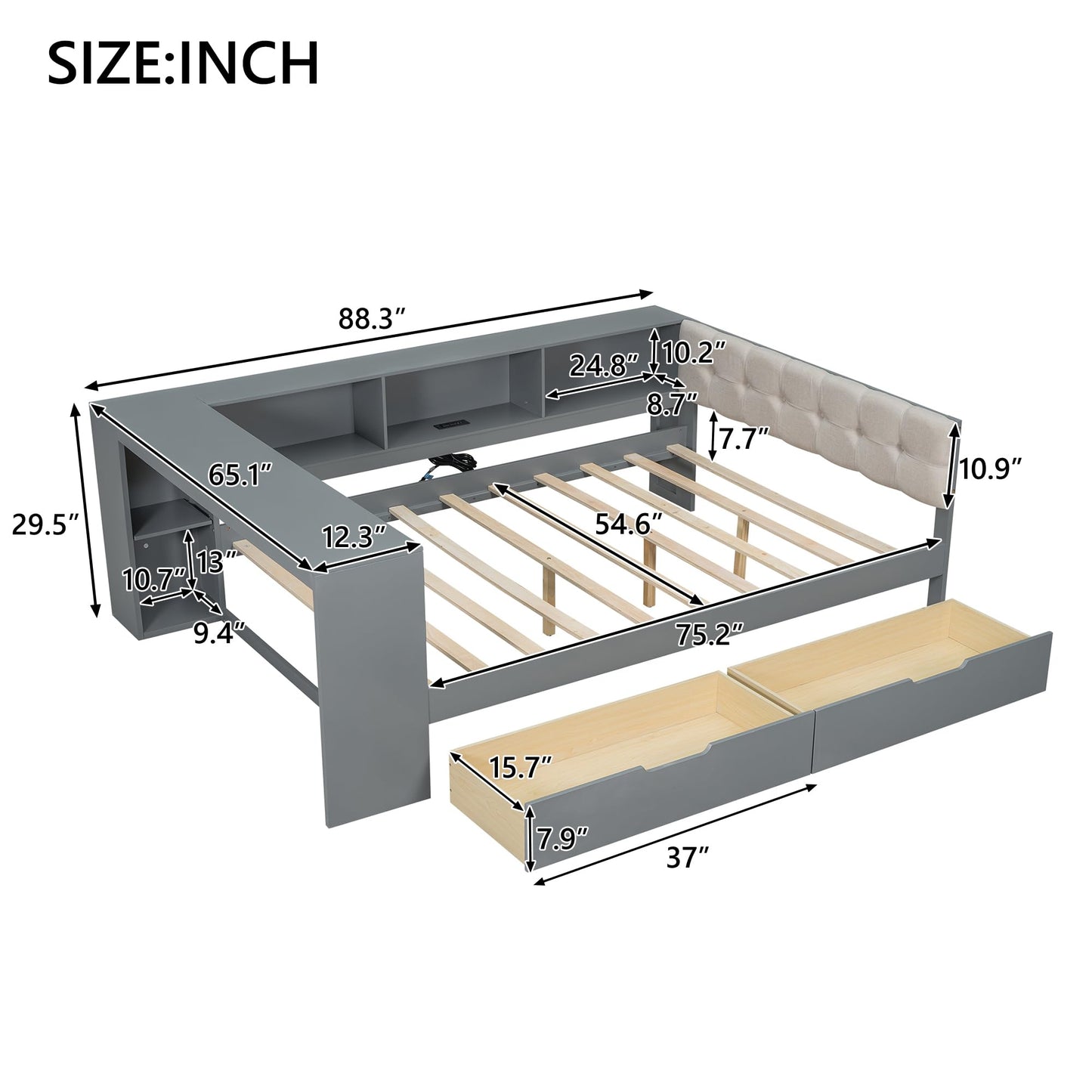 Merax Full Size Platform Bed with Storage Shelves,Drawers,Charging Station and Upholstered Headboard for Bedroom,