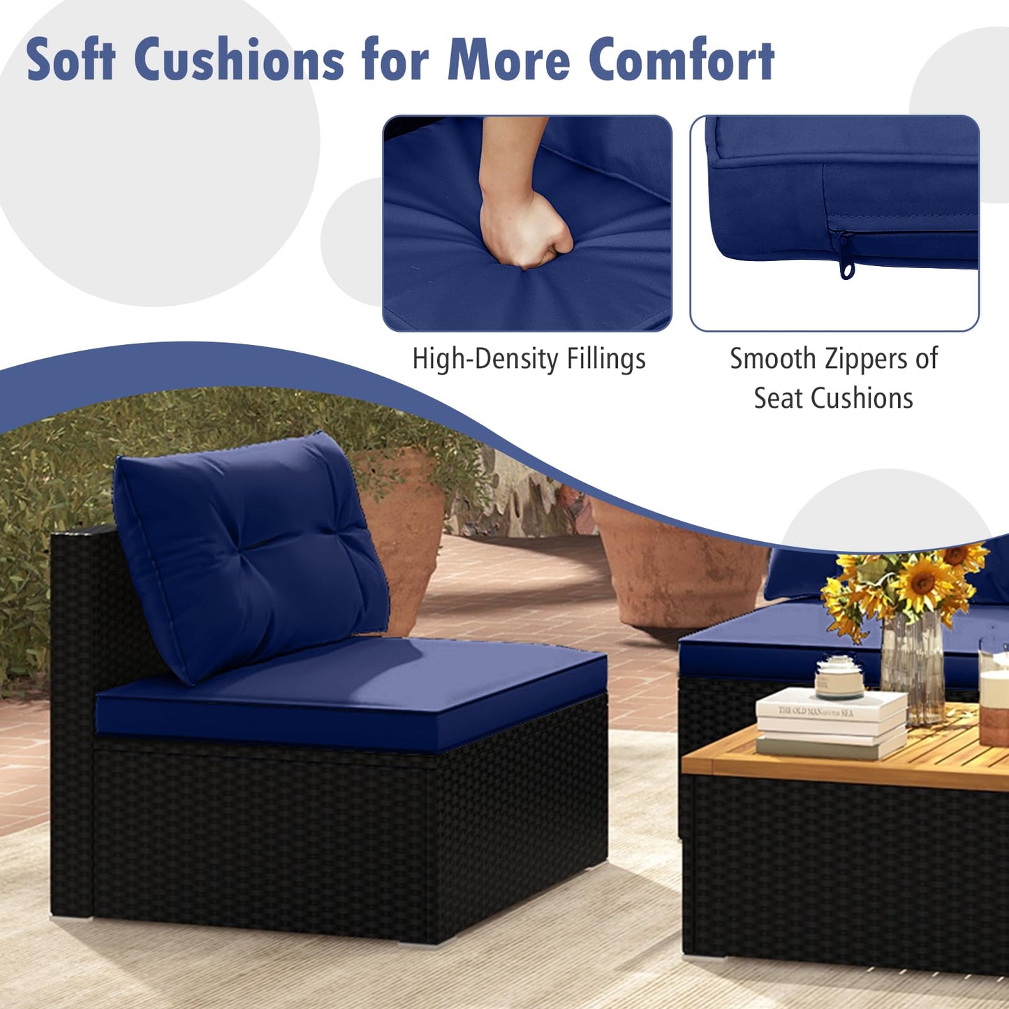 Tangkula 5 Pieces Wicker Patio Furniture Set, Outdoor 4 Armless Rattan Sofa & Coffee Table Set, with Cushions, Acacia Wood Tabletop, Sectional Patio Conversation Set for Lawn, Yard, Poolside, Navy