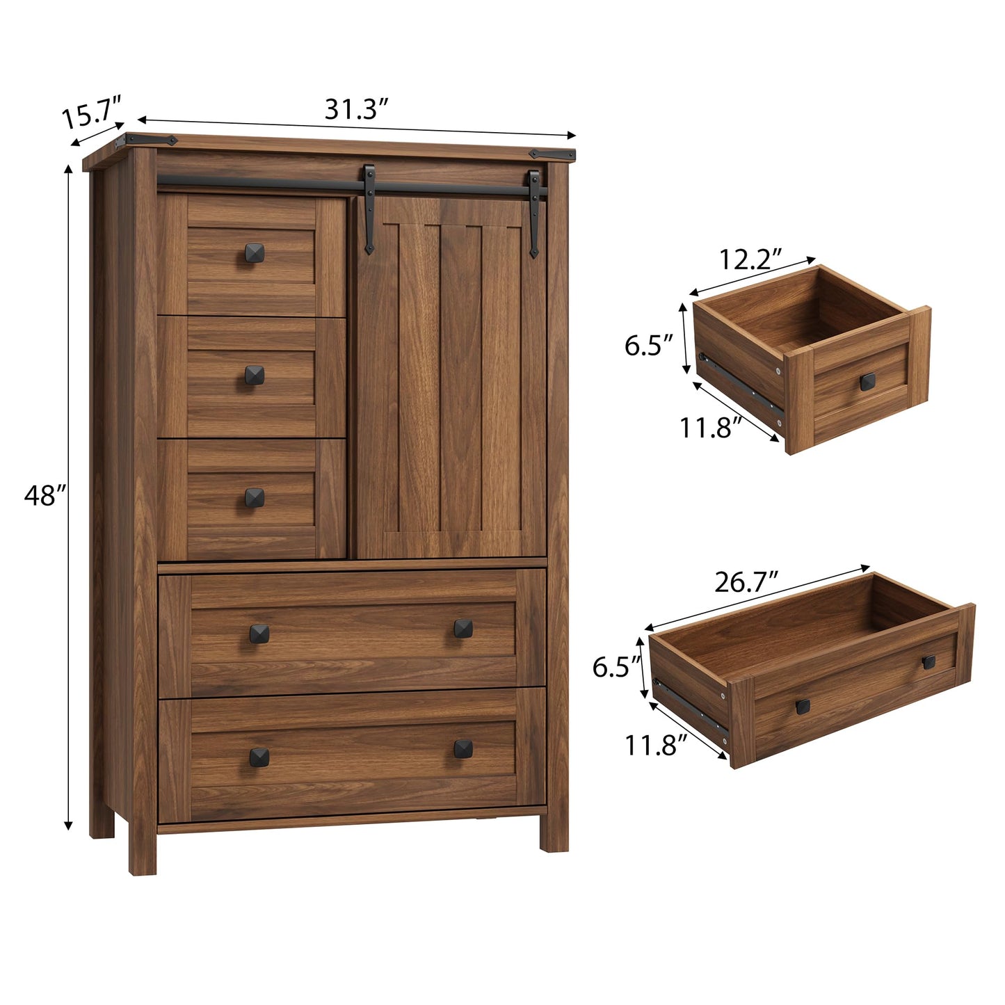GarveeHome Farmhouse 5 Drawer Dresser for Bedroom, 48" Tall Wood Dressers Chest of Drawer with Sliding Barn Door, Adjustable Shelf, Storage Organizer for Bedroom, Hallway, Living Room, Kitchen, Walnut