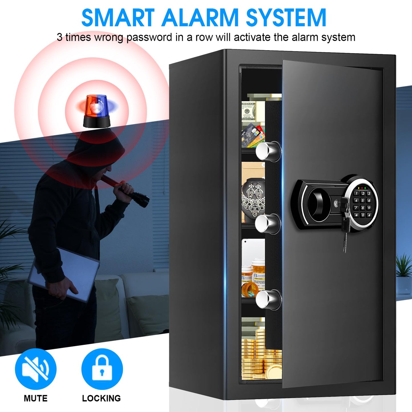 6.1 Cuft Heavy Duty Fire Security Home Safe Box, Large Floor Safe with Digital Keypad & Key Lock, Fire Proof Safes for Home with Three Removable Shelf, Anti-theft Tall Safes for Money, Cash, Documents