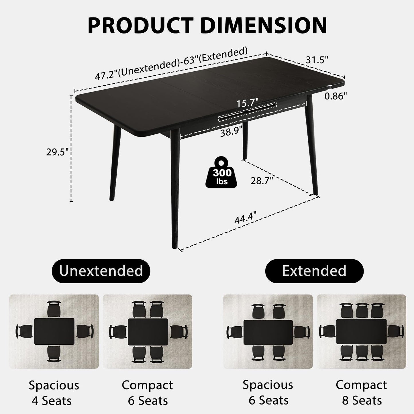 Muwuele Solid Wood Extendable Dining Table for 4-8 People with Seamless Extension from 47.2 to 63 Inches, Easy Assembly, Expandable Tables for Small Spaces, Dining Room, Kitchen, Living Room, Black