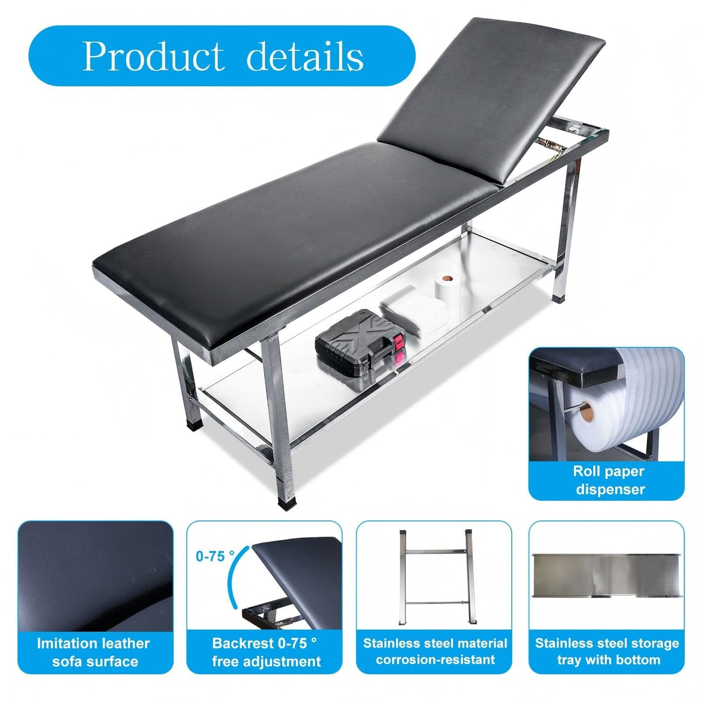 YEVP Adjustable Exam Table for Physical Therapy | Medical Patient Examination Bed with Paper Roll Dispenser, Shelf & Stainless Steel Frame | Holds Up to 500 Lbs