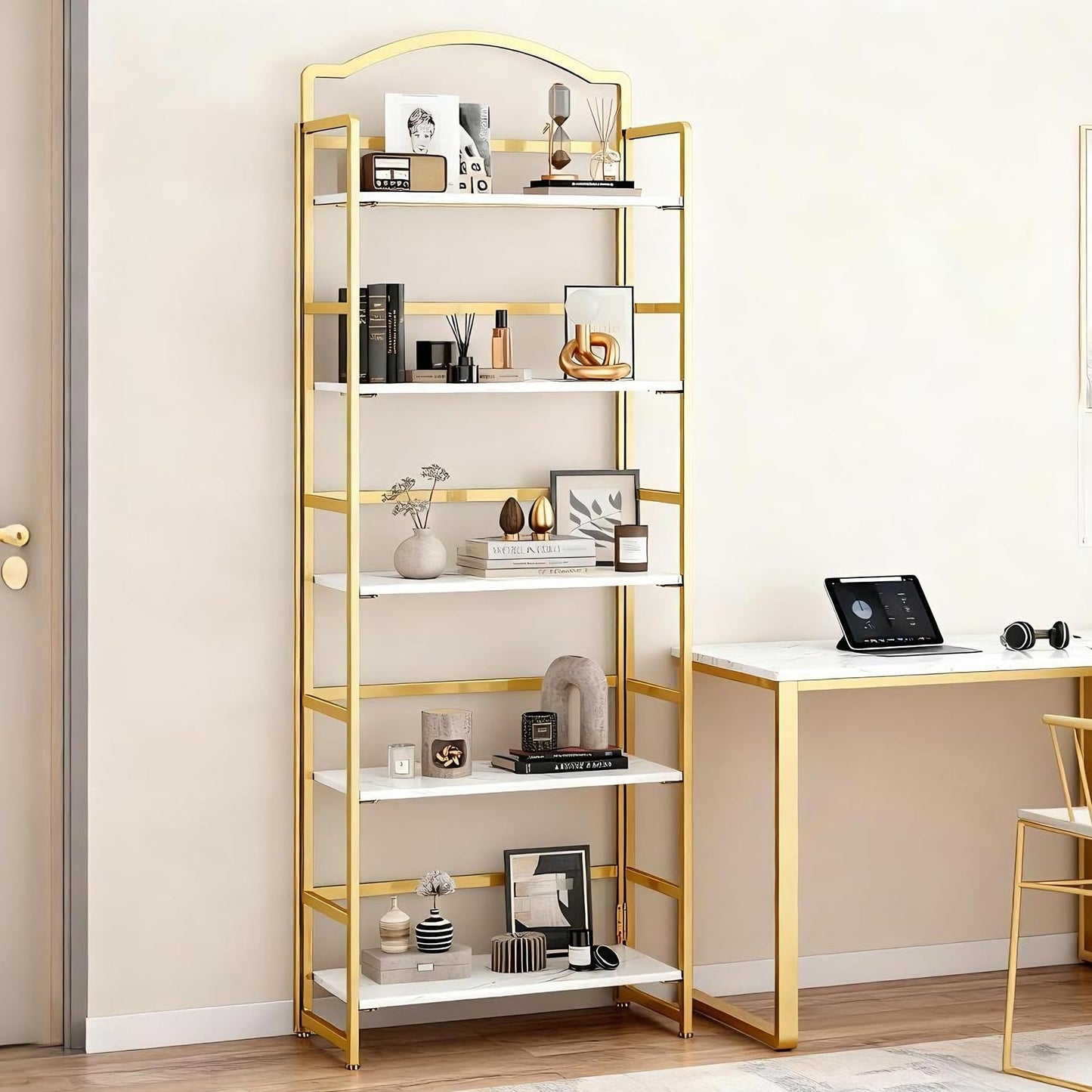 JSB 5 Tier No Assembly Folding Bookshelf, Arched Bookshelf, Foldable Bookcase for Living Room, Bedroom, Office,Skinny Bookshelf (White and Gold)