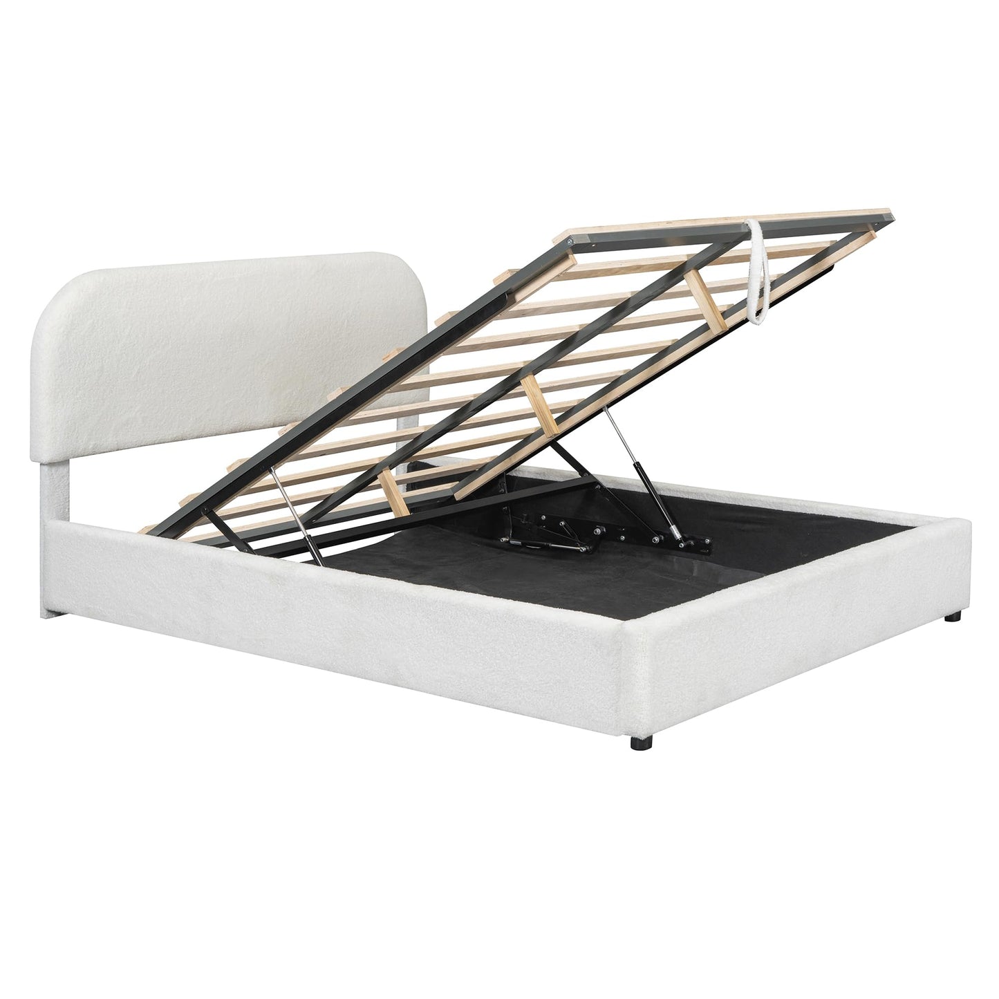 Merax Teddy Fleece Queen Size Upholstered Platform Bed with Hydraulic Storage System, White