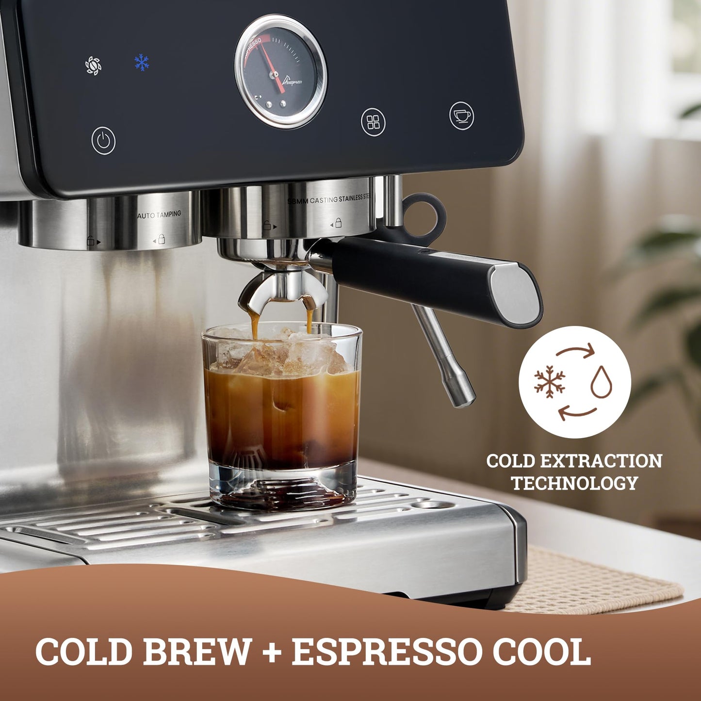 Acaspresso Espresso Machine with Grinder, Auto Distribute & Tamp 15 Bar Semi-Automatic with PID Temperature, Cold Brew Espresso Maker with Milk Frother, 58mm Portafilter for Beginners, Stainless Steel