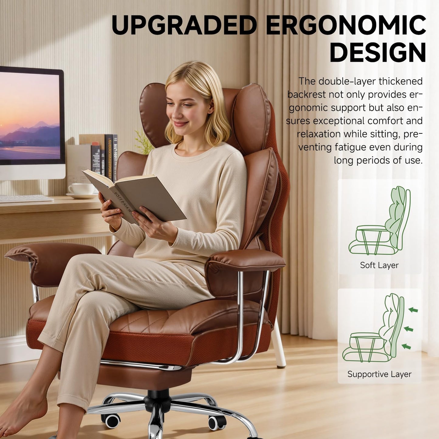 COMHOMA Big and Tall Office Chair, High Back Leather Gaming Chair with Footrest, Executive Ergonomic Office Chairs with Pocket Spring Lumbar Support and with Outward Fixed Soft Armrests