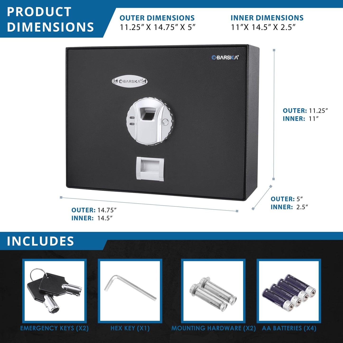 Barska AX11556 Biometric Fingerprint Top Opening Security Drawer Safe Box 0.23 Cubic Ft, Multi, One Size