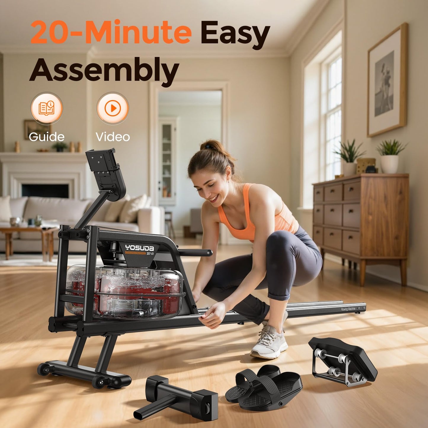 YOSUDA Water Rowing Machines for Home Use- Foldable Rower Machine 400LBS Weight Capacity with Dedicated Monitor & Bluetooth APP, Comfortable Seat