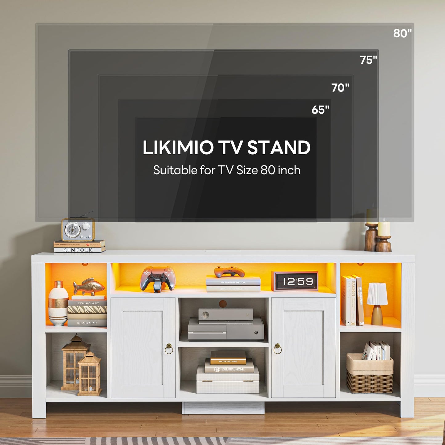 LIKIMIO TV Stand for TVs 80 inch with LED Lights & Power Outlet, Entertainment Center with Cabinets, Adjustable Shelves and Open Shelves, Modern Media TV Console Living Room, White