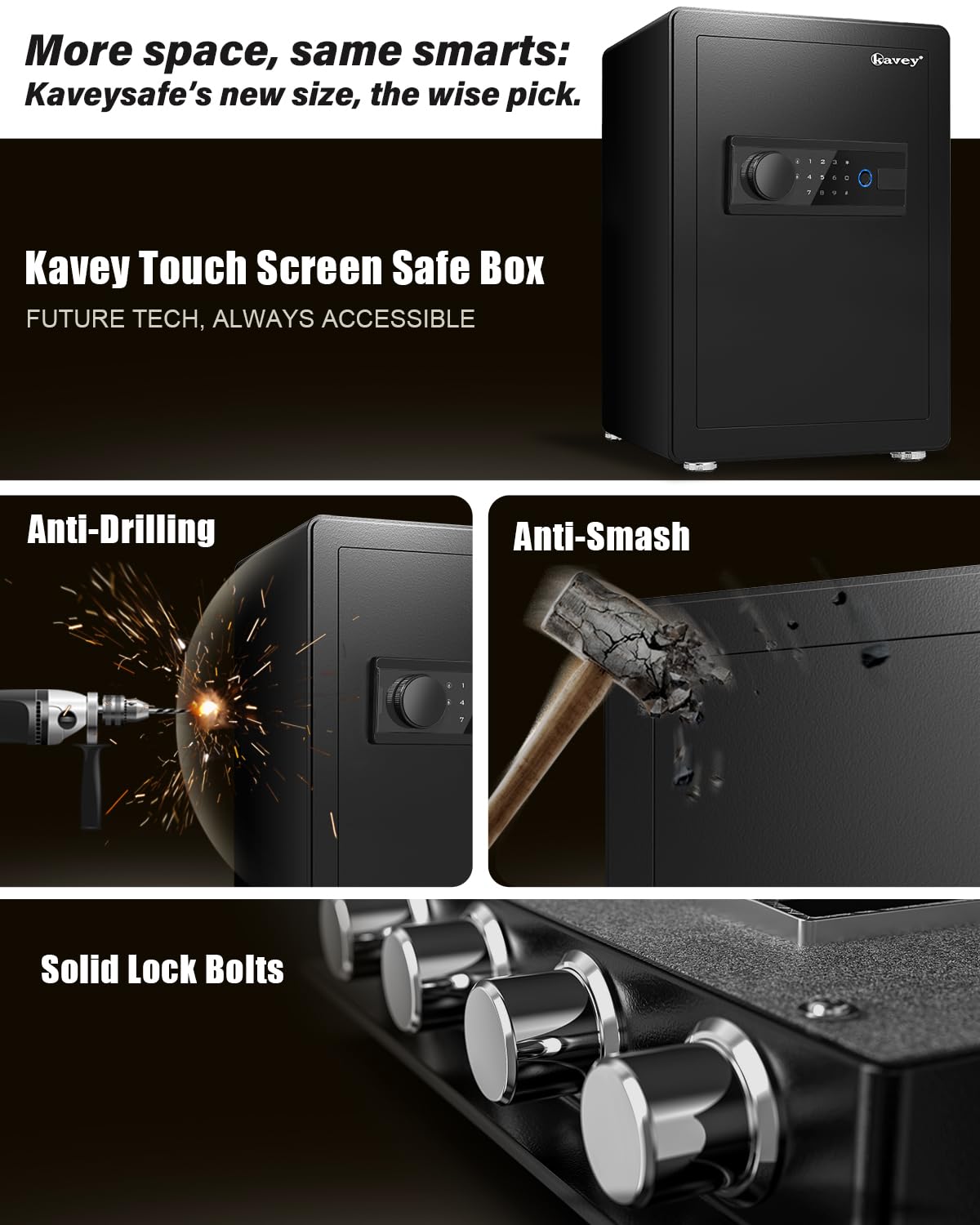 Kavey 2.5 Cub Biometric Safe Box, Fingerprint Safe with Fireproof Waterproof Bag, Security Safes with Backlit Touch Screen Keypad, Dual Alarm System for Home Office 13"D x 14.96"W x 21.65"H