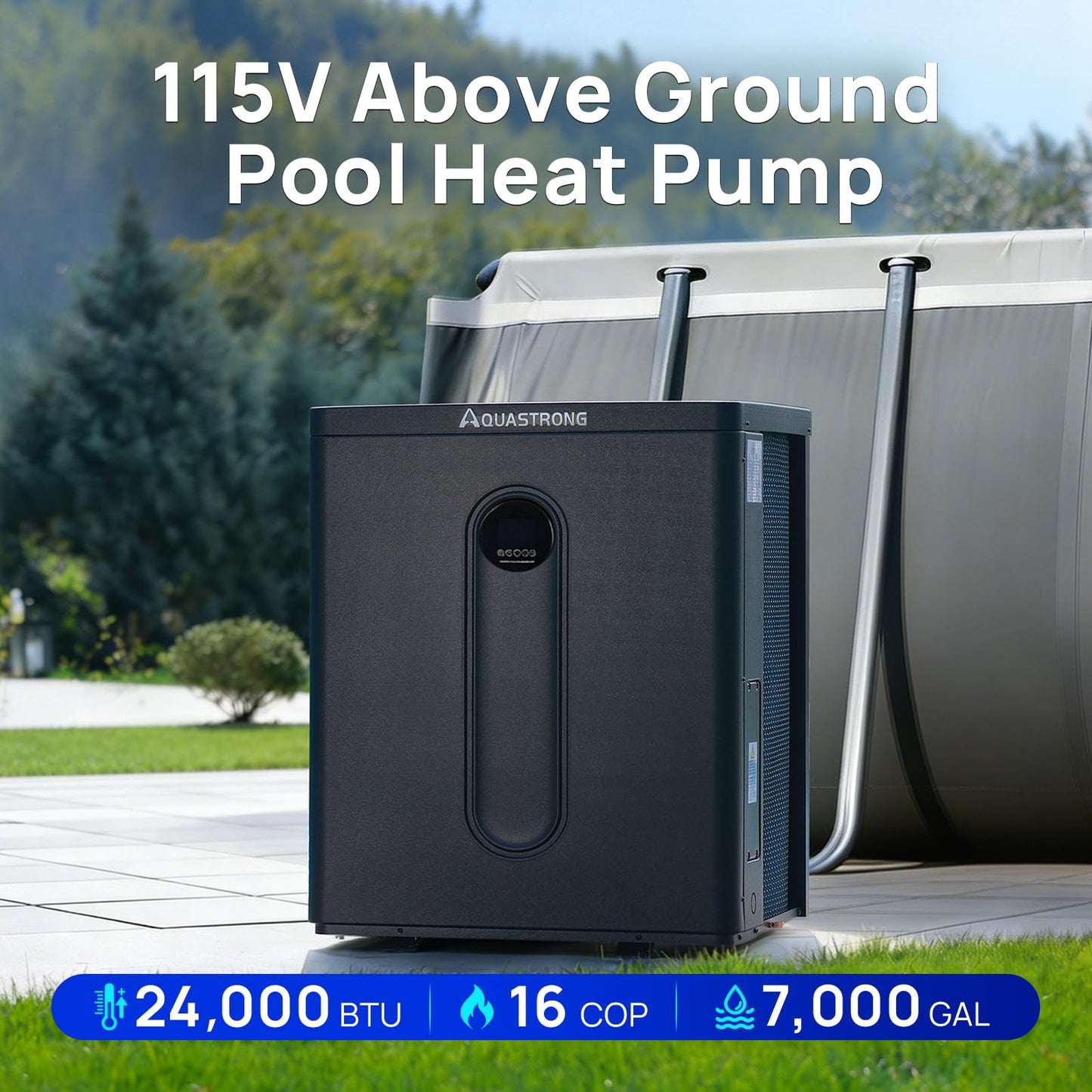Aquastrong 24,000 BTU Top Discharge Inverter Swimming Pool Heat Pump, 115V Electric Pool Heater for Above Ground and Inground Pool, WiFi Capable Timer, Heating and Cooling Pool Heater for 7000 Gallons