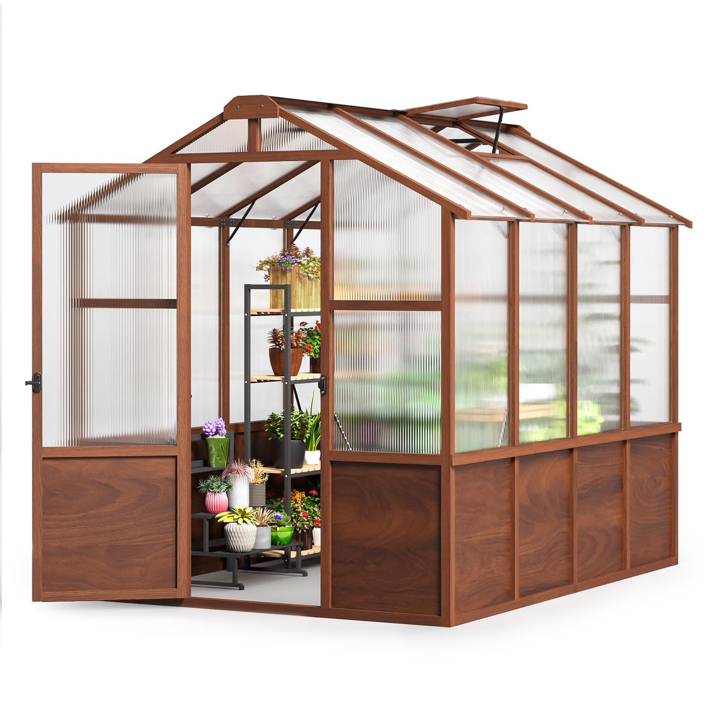 Jocoevol 6x8ft Outdoor Greenhouse, Wooden Frame Polycarbonate Greenhouse with Adjustable Roof Vents and Lockable Door Handle, Walk-in Greenhouse Perfect for Backyard and Garden