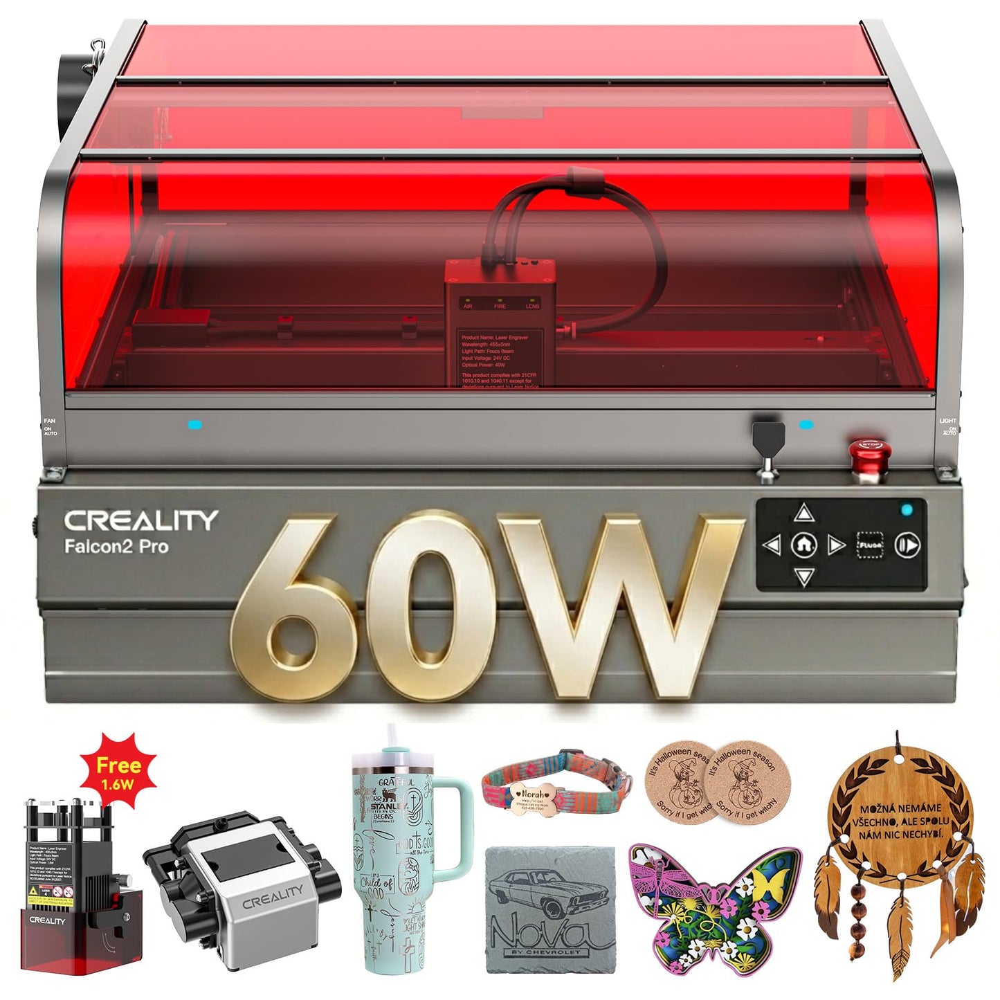 Creality Falcon2 Pro 60W Laser Engraver-Desktop Diode 240000mW Output with Integrated Enclosure, Camera&Air Assist for Batch Process, Class 1 Safety Laser Cutter and Engraver Machine for Wood/Acrylic