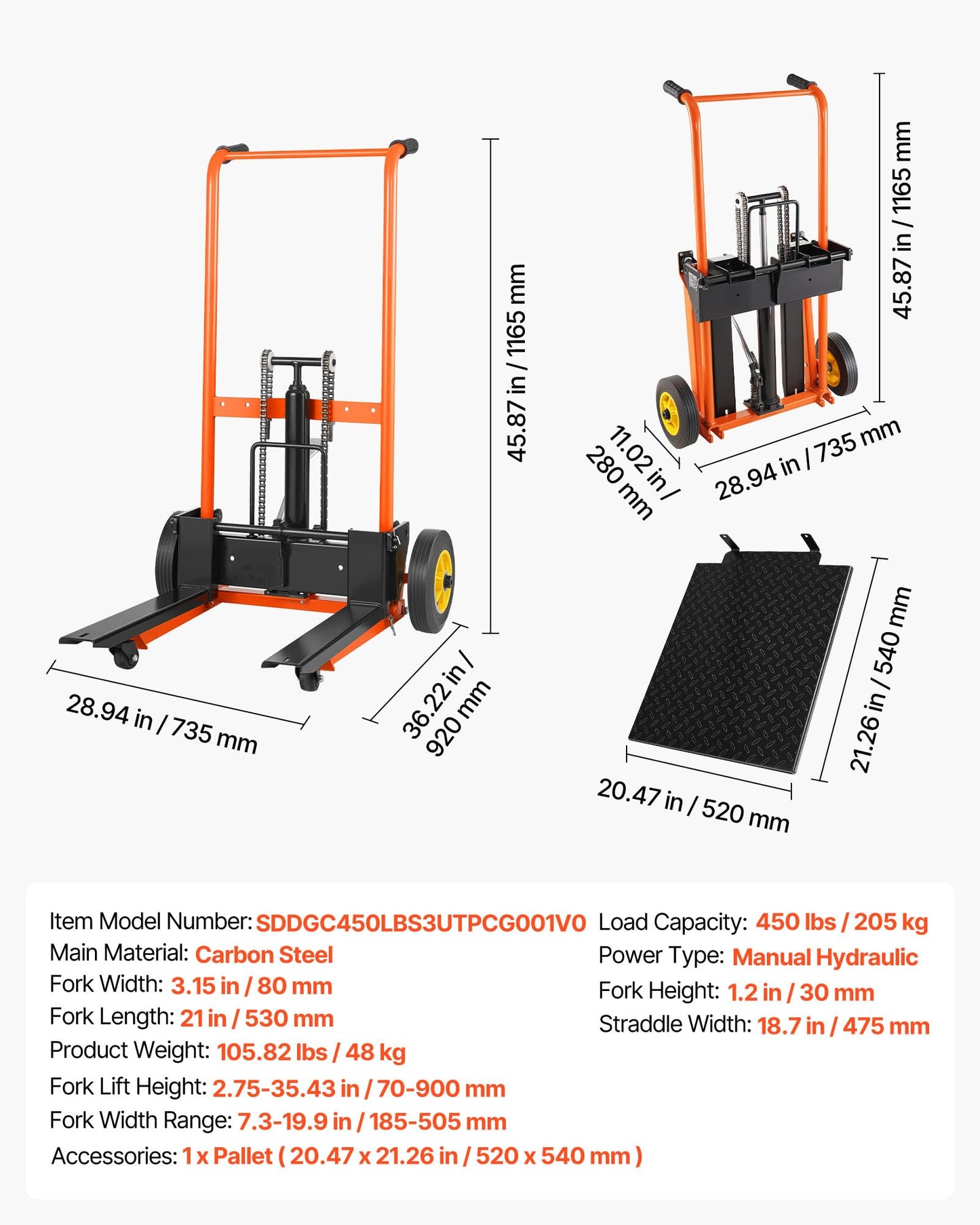 VEVOR Hydraulic Material Lift Winch Stacker, 450 lbs Load Capacity, 35.4'' Max Lifting Height, Pallet Truck Dolly with Fork Lift Table, Foldable & Portable Pallet Jack Table Cart, Orange & Black