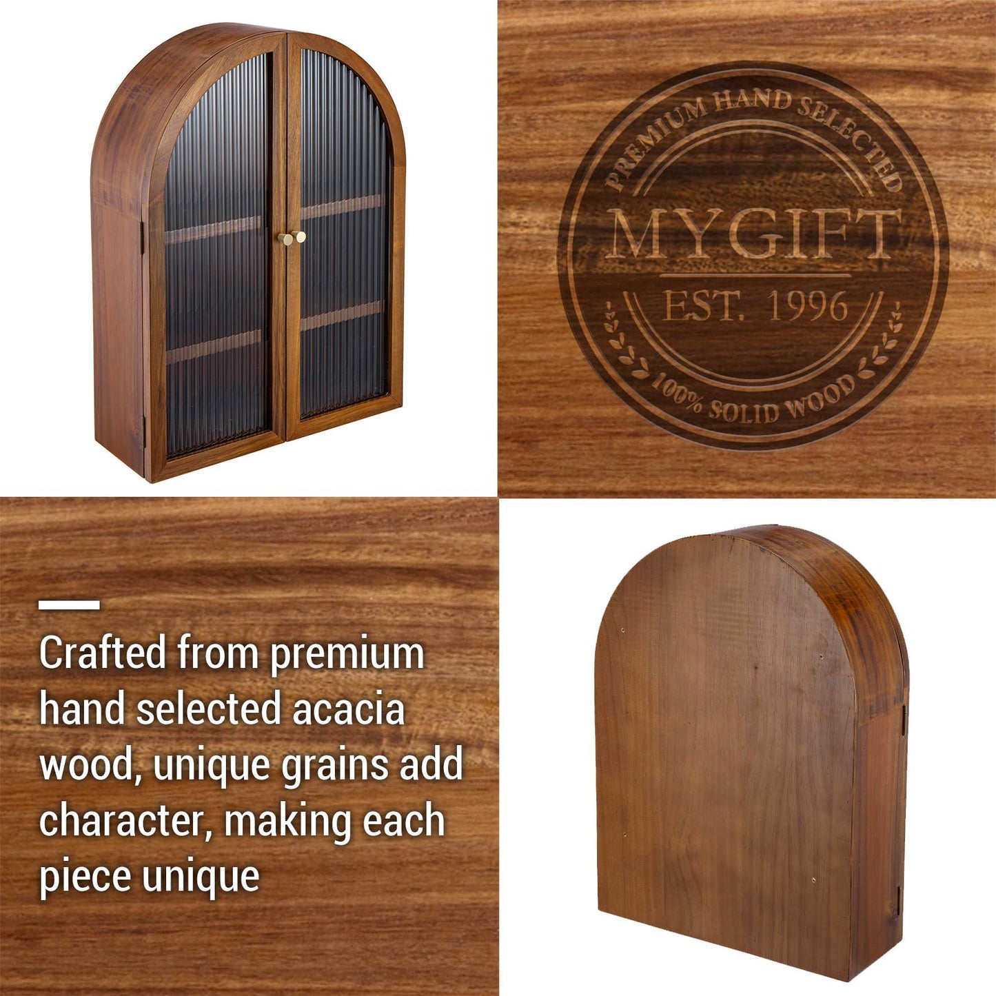 MyGift Medicine Cabinet, Arched Wall Cabinet, Bathroom Medicine Wall Mounted Cupboard, Mid Century Style Floating Storage Cabinet with Glass Door, Natural Acacia Wood