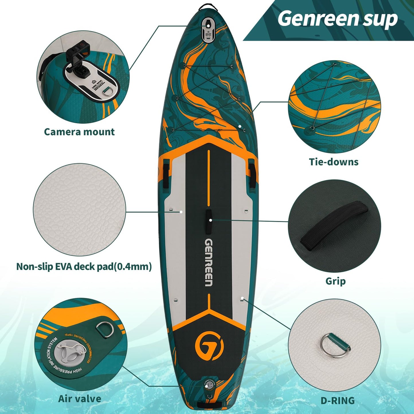 Genreen Paddle Board Stand Up Paddle Board Inflatable SUP 11'34"6" with 5 Grips 3 Fins EVA 0.5cm Ultra Stable Wide 450lbs Capacity for Water Sports Yoga Fishing Jungle Green with Bright Green Edge