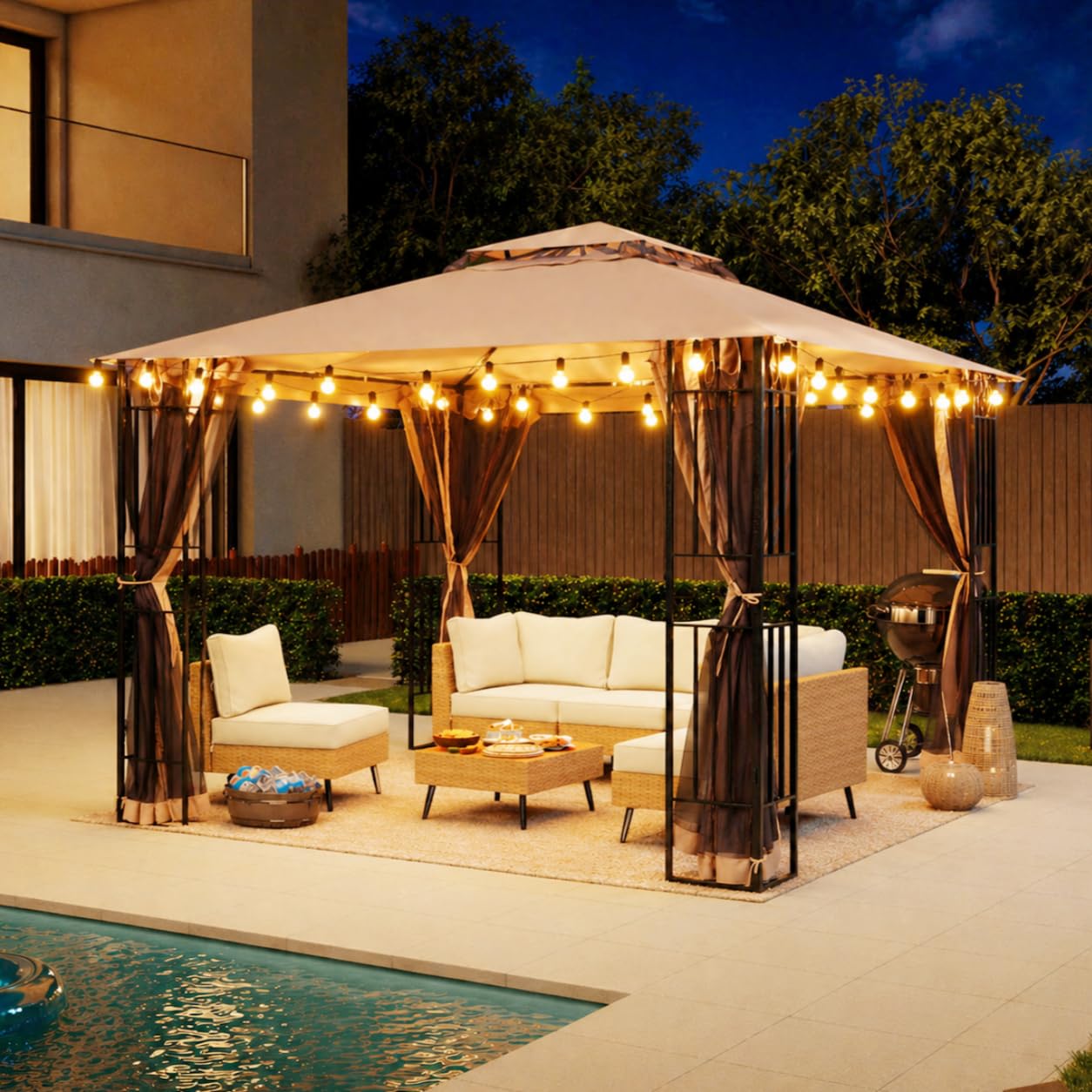LAUSAINT HOME Outdoor Gazebo 13 x 11 FT, Steel Frame Garden Gazebo with Ventilated Double Roof & Mesh Netting, Patio Party Canopy Shelter for Backyard, Lawn & Deck, Brown