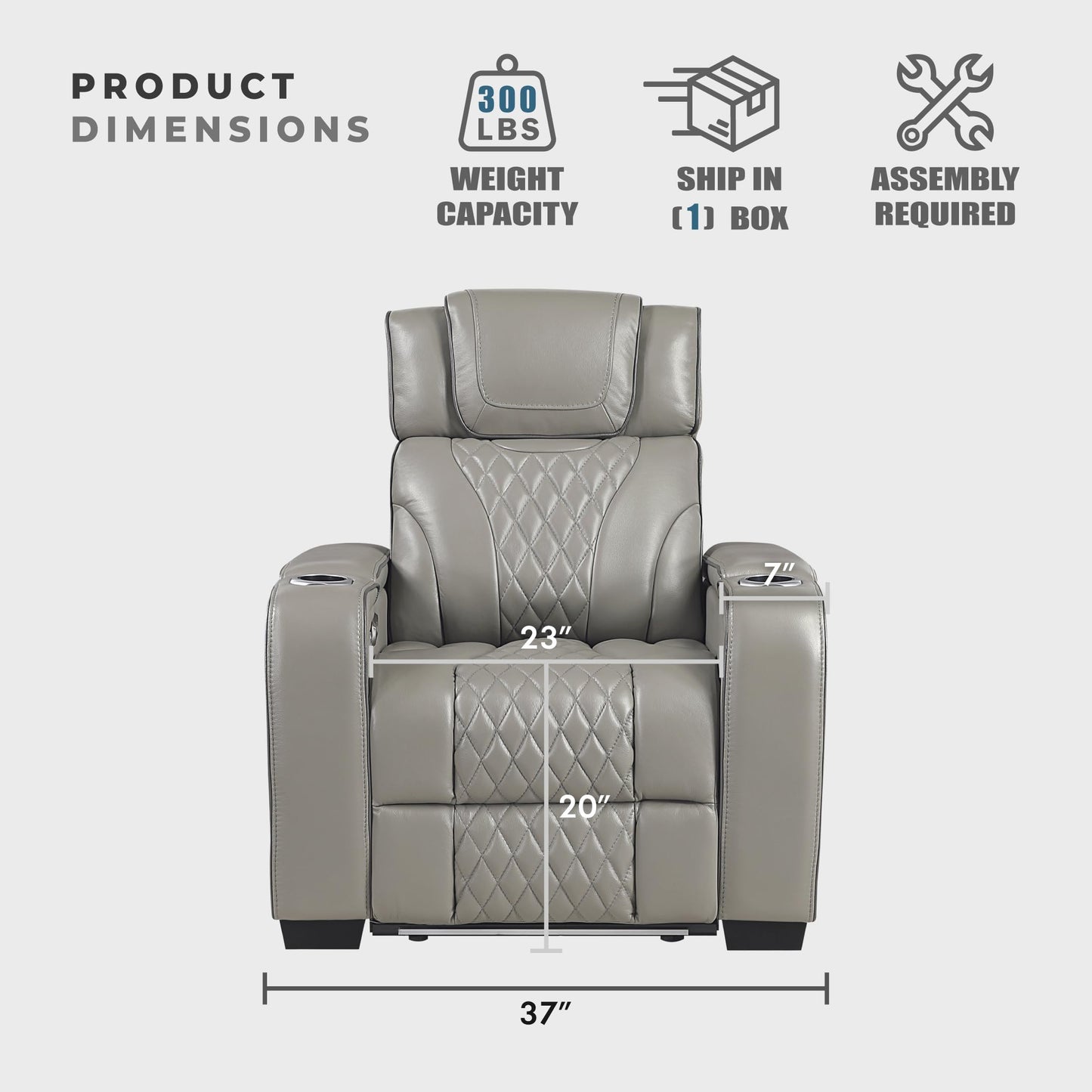 Lexicon Leather Power Recliner Chair with Heat/Massage/Headrest/Storage Arms/Cup Holders/LED Lights and Charging Ports, Top Grain Leather Match Wall Hugger Power Recliner Chairs for Adults, Grey
