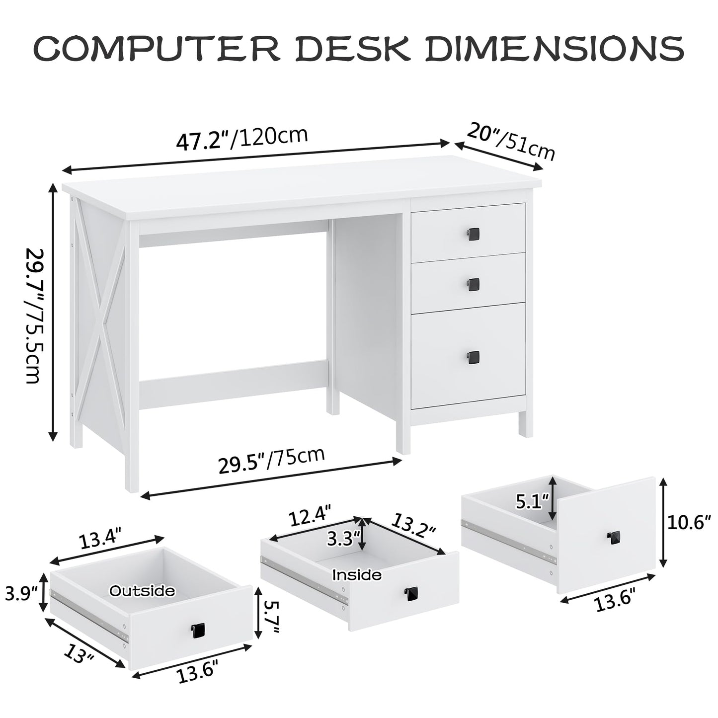 JSB 47.2'' White Computer Desk for Home Office,Farmhouse Executive Desk with 3 File Drawers,Study Writing Table Storage Cabinet,Makeup Vanity Desk for Bedroom (White, 47.2in)