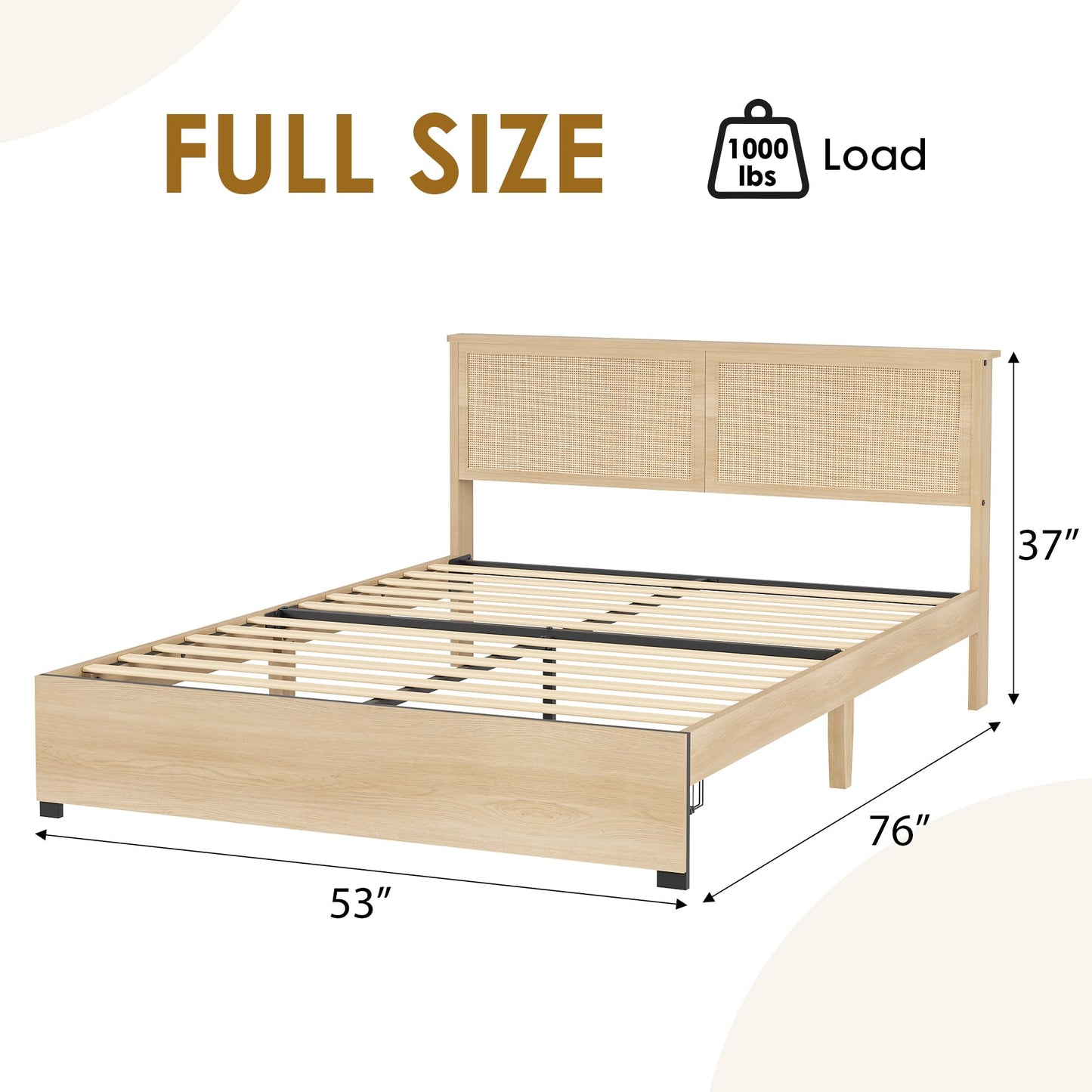 GarveeHome Rattan Bed Frame Full Size Bed Frame with 2 Drawers, Wooden Platform Bed with Rattan Headboard, Led Lights, Boho Storage Bed Frame, Noise Free, No Box Spring Needed, Natural Oak