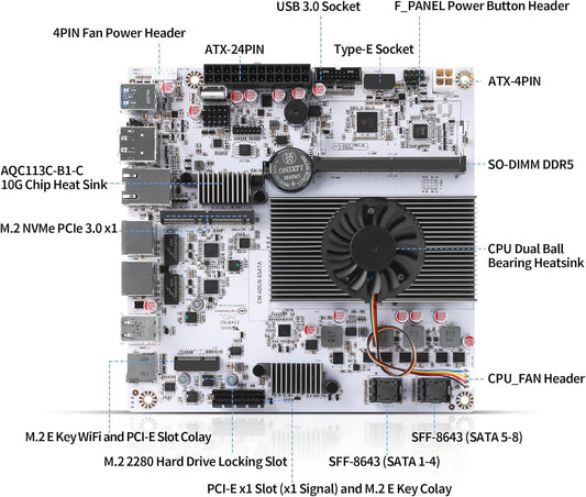 8-Bay NAS Mini ITX 10Gbps NAS Motherboard Adaptable to Support 8sata One 10Gbps Electrical Port Two 2.5G Electrical Ports Two m.2 nvme Two pcie3.0 Type-c 10Gbps (N150+2x8643)