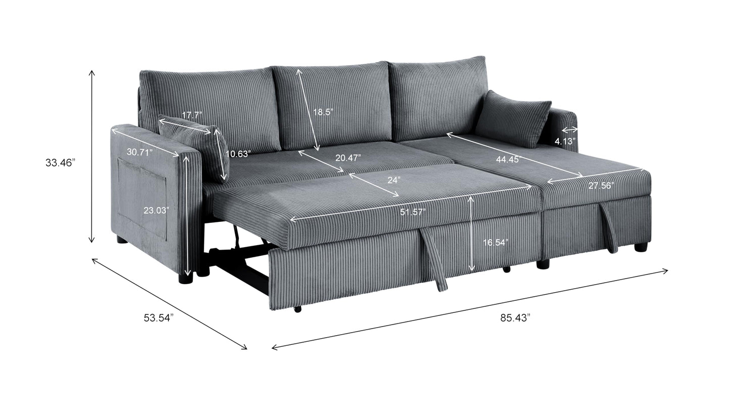 Eafurn 85" L Shaped Sectional Sofa Couch Convertible Pull Out Sleeper Bed for Living Room, Deep Seat Corner Sofa Bed with Reversible Storage Chaise, Side Pockets and Throw Pillows