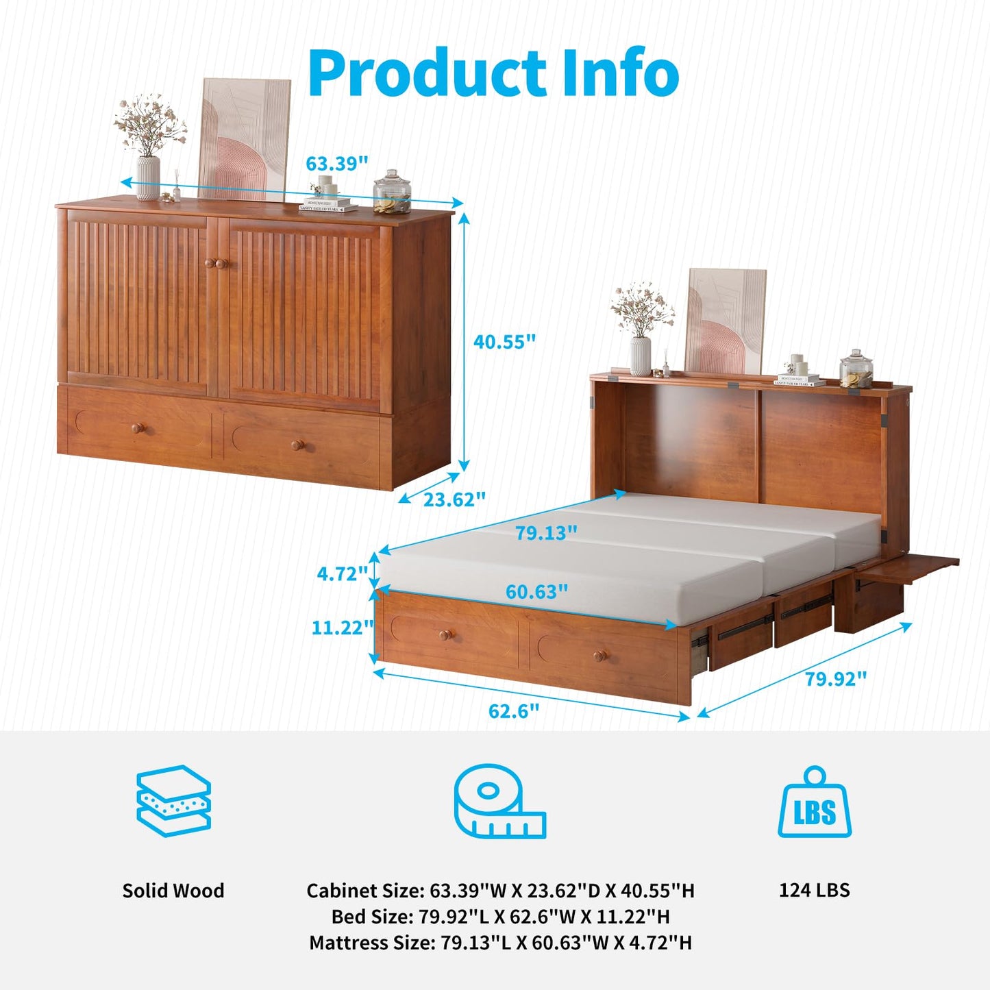 Mjkone Queen Murphy Bed Cabinet with Tri-Fold Mattress Included, Storage & Charging Station & Headboard Side Panel, 63"W Wood Murphy Cabinet Chest Beds, Guest Wall Bed for Living Room, Bedroom, Cherry
