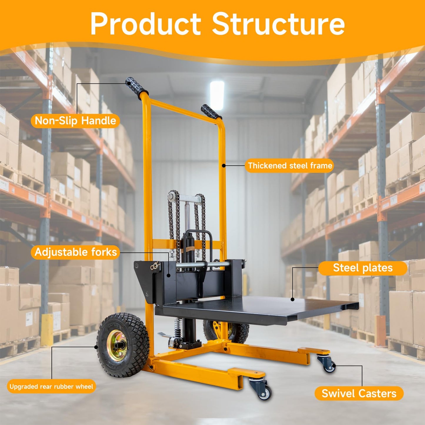 MMS Foldable Hydraulic Material Lift Winch Stacker, 450 Lbs 35.8" Max Lift w/ 9" Wheels 360° Swivel Casters, Pallet Truck Dolly, Fork Lift Table Cart, Pallet Jack, Removable Platform, Adjustable Forks