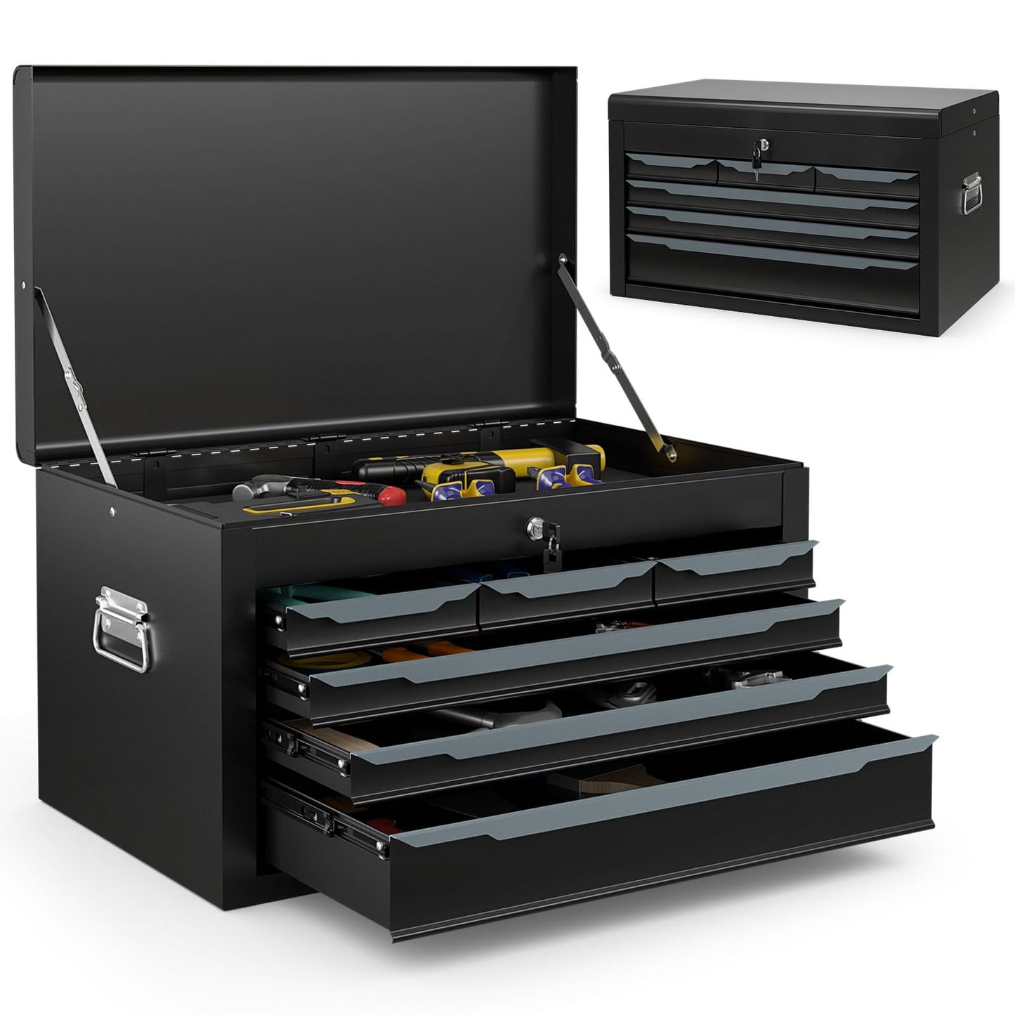 ARNOT Large Metal Tool Box, Tool Box with 6 Drawers & Top Tray, Heavy-Duty Steel Tool Chest with Auto-Locking Drawers and Side Handles for Garage & Workbench (Black)